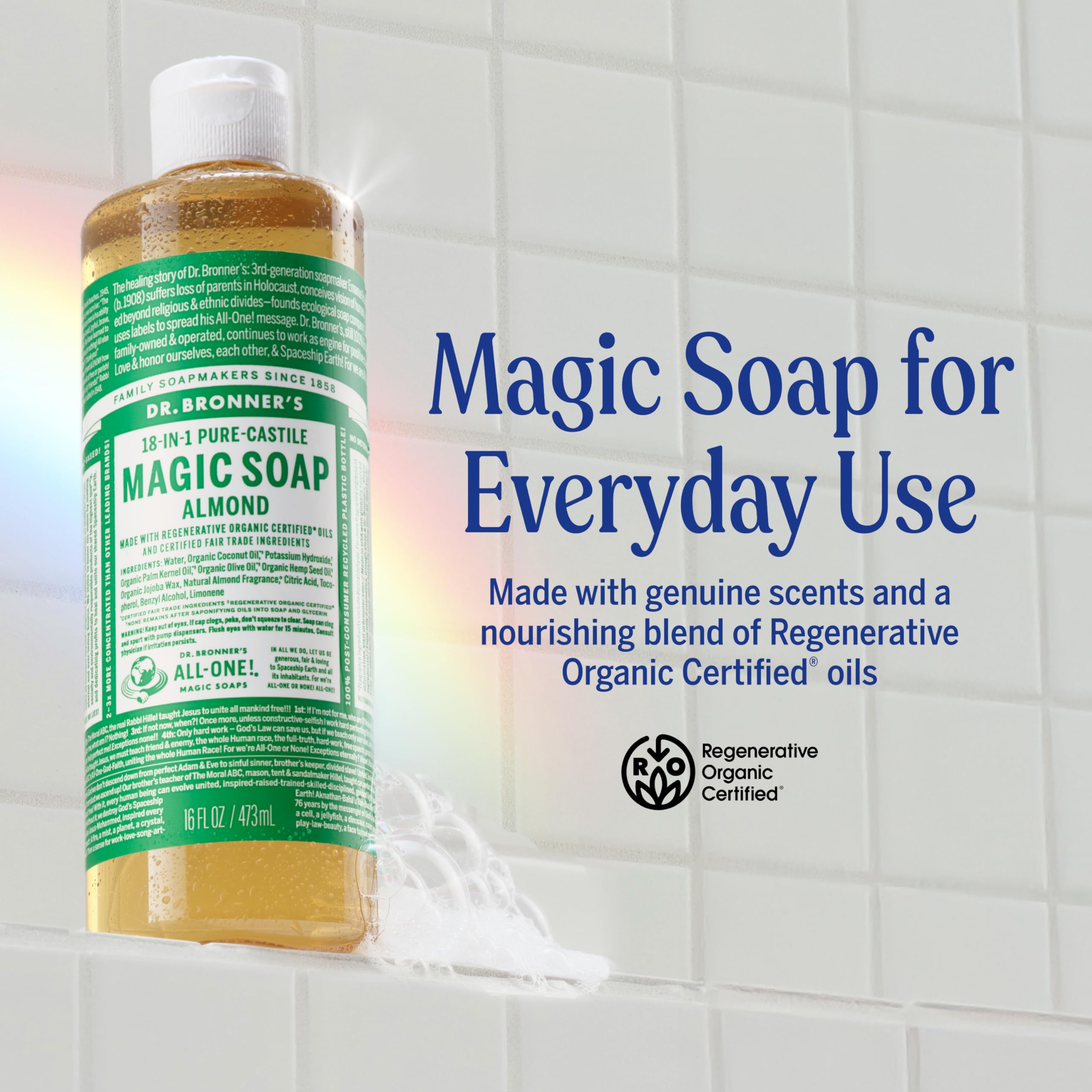 Dr. Bronner's Almond Castile, mousse riche visible, pour bain, visage et mains.
