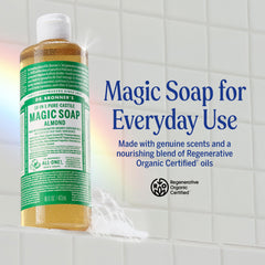 Dr. Bronner's Almond Castile, mousse riche visible, pour bain, visage et mains.