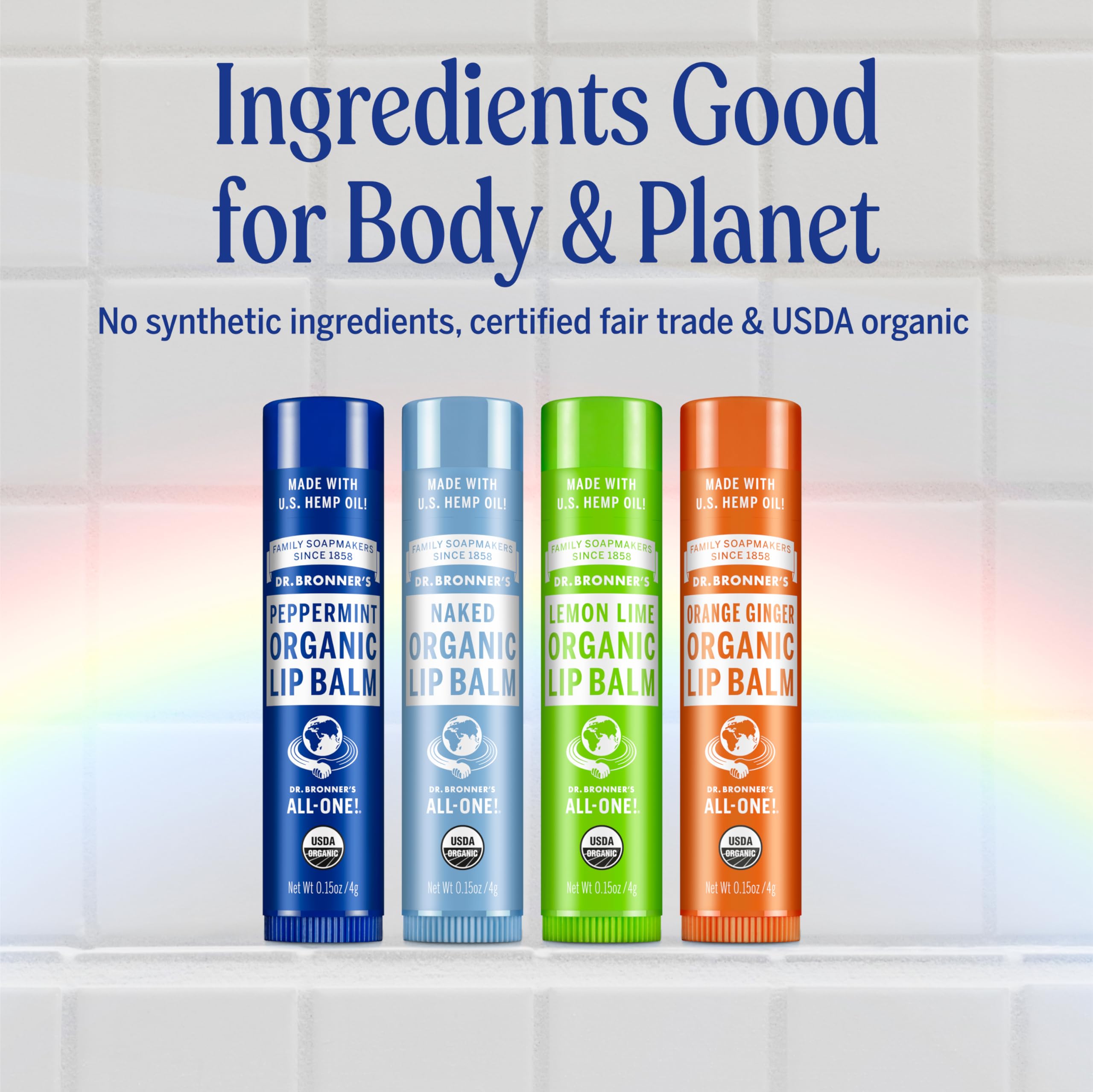 Application lèvres menthe Dr. Bronner's, confort frais et léger.