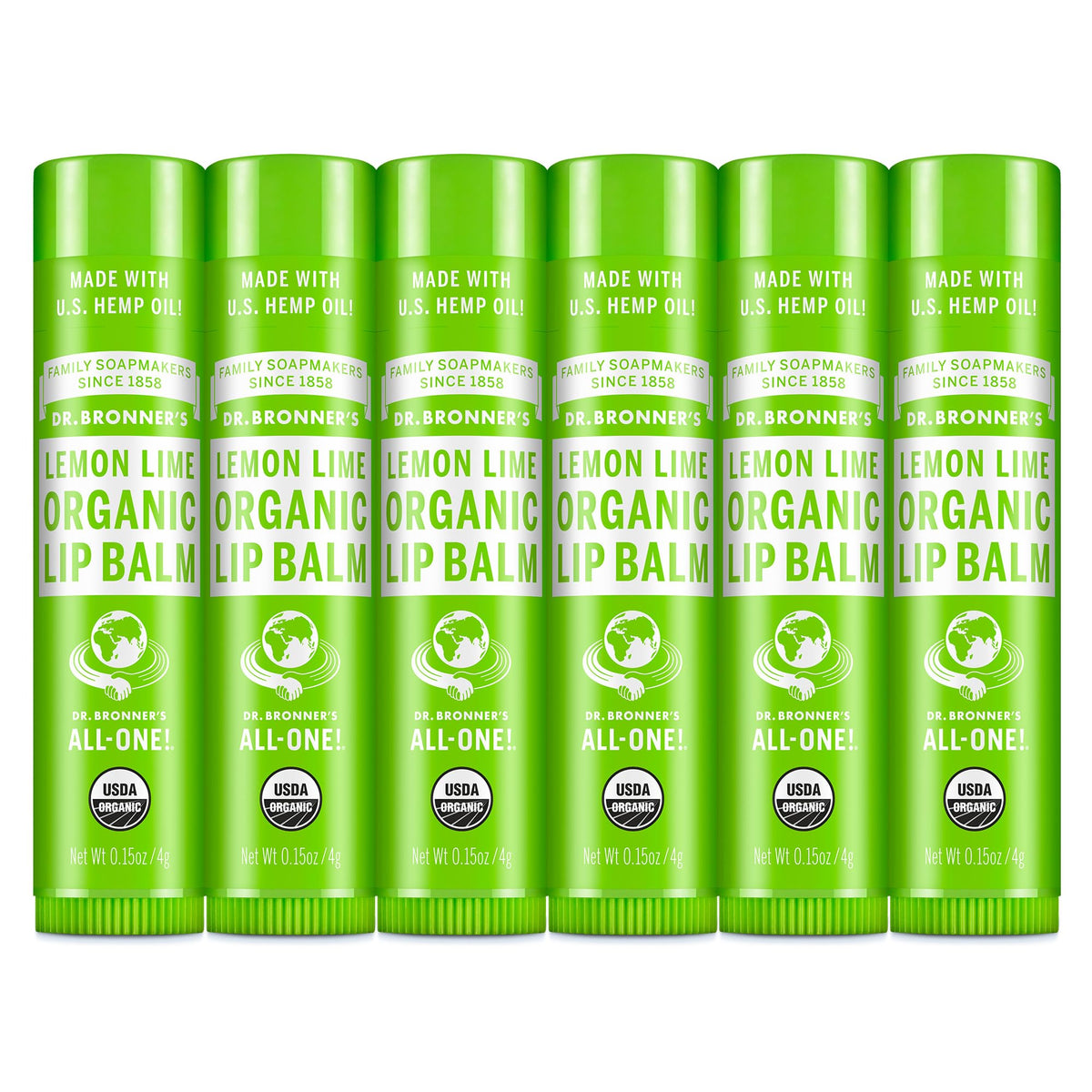 Dr. Bronner’s Baume à Lèvres bio, emballage six-pack pratique.