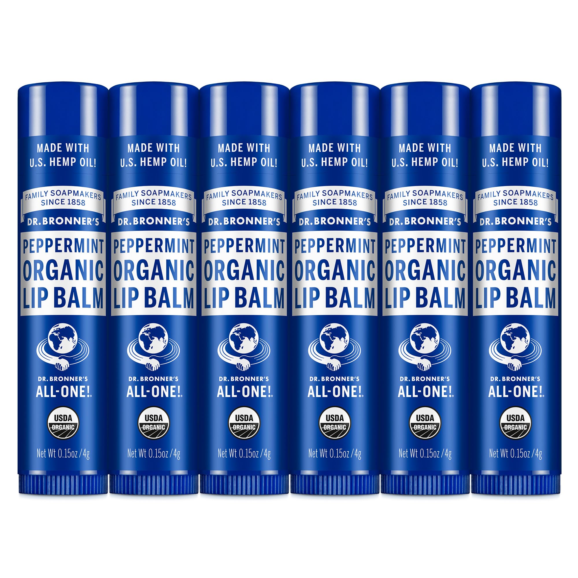 Dr. Bronner's baume lèvres menthe en emballage six-pack, hydratant.