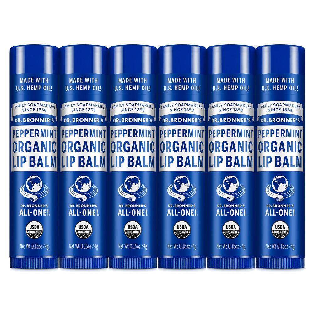 Dr. Bronner's baume lèvres menthe en emballage six-pack, hydratant.