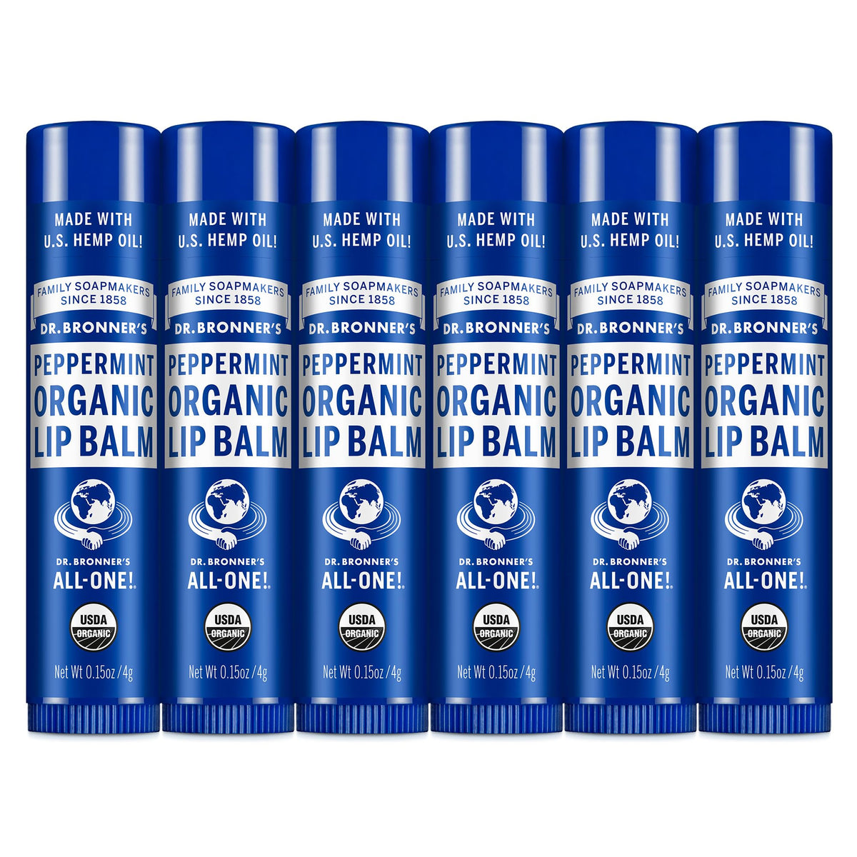 Dr. Bronner's baume lèvres menthe en emballage six-pack, hydratant.