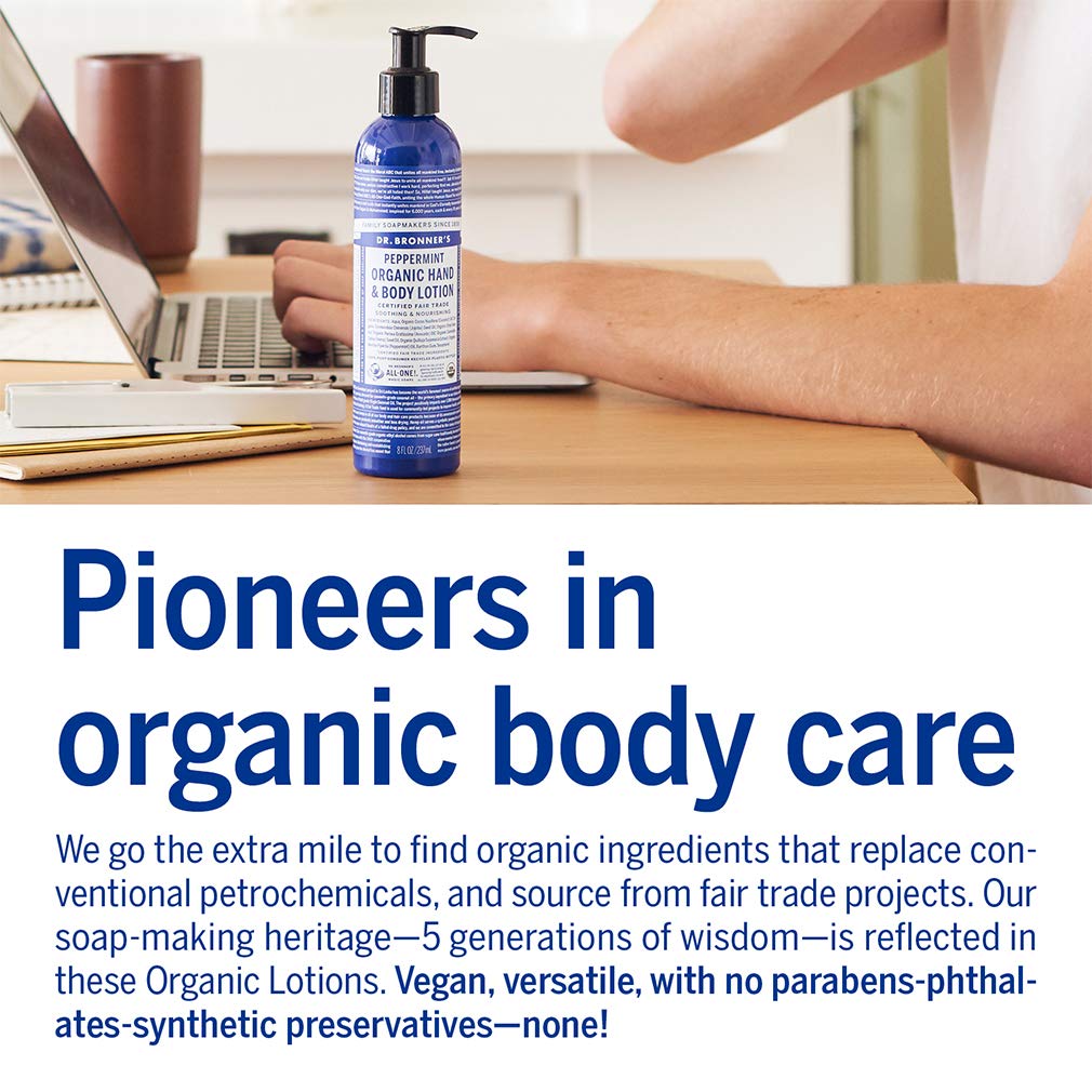 Utilisation polyvalente mains, visage et corps avec Dr. Bronner's Lotion Bio Menthe