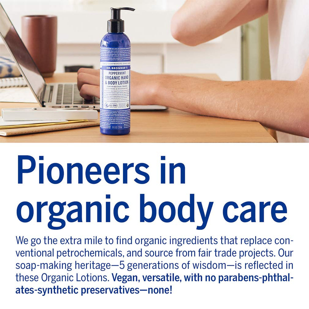 Utilisation polyvalente mains, visage et corps avec Dr. Bronner's Lotion Bio Menthe