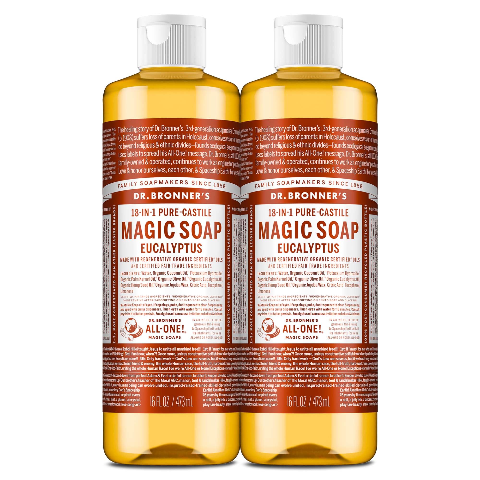 Savon Dr. Bronner’s Castile Eucalyptus, bouteille 2-pack, convient pour corps et vaisselle.
