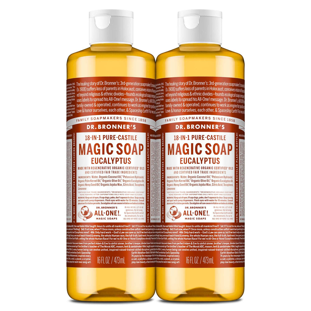 Savon Dr. Bronner’s Castile Eucalyptus, bouteille 2-pack, convient pour corps et vaisselle.