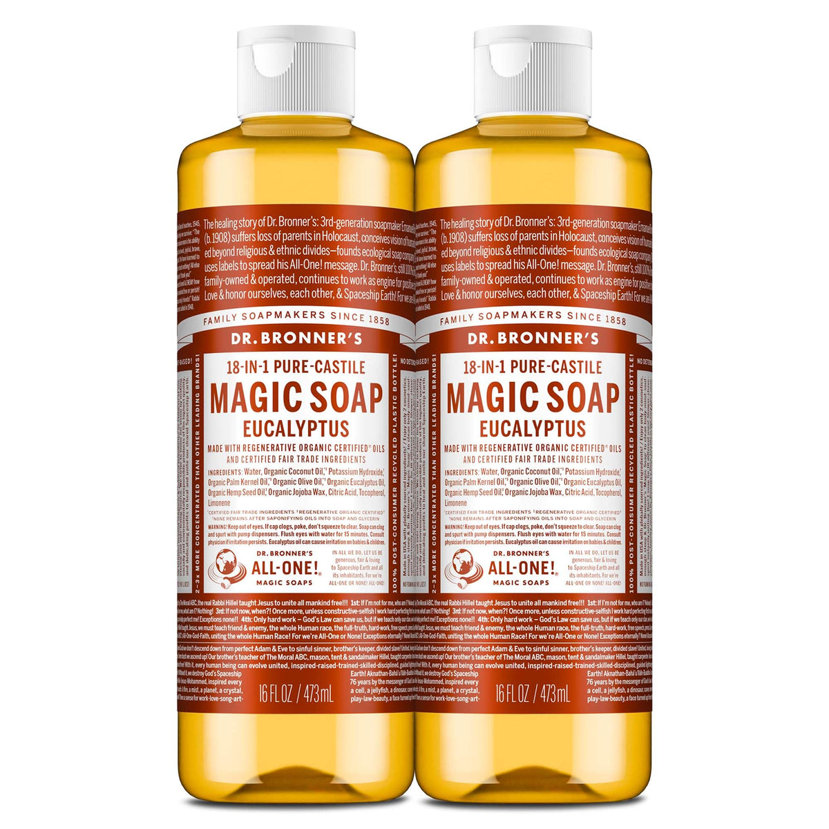 Savon Dr. Bronner’s Castile Eucalyptus, bouteille 2-pack, convient pour corps et vaisselle.