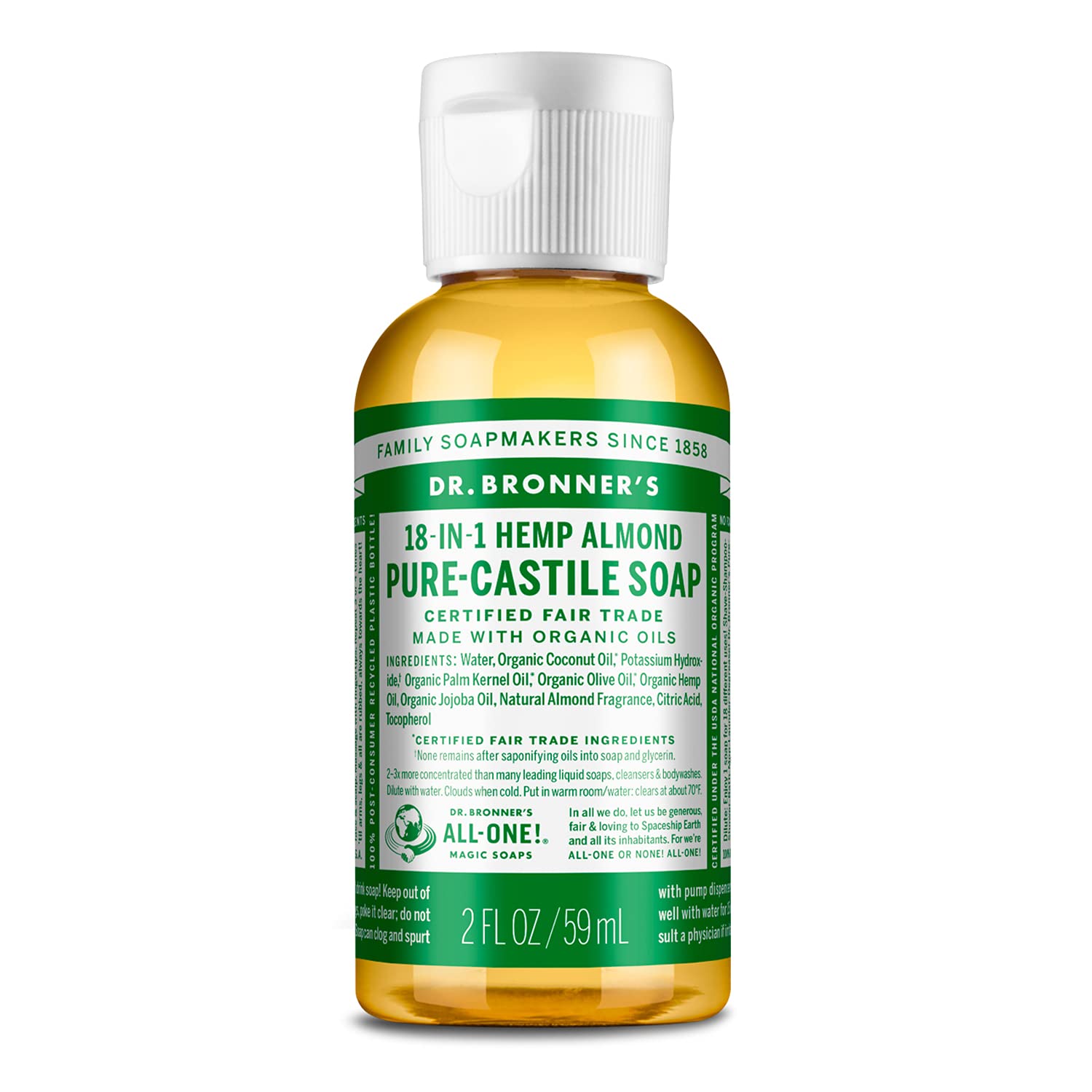 Dr. Bronner's Pure-Castile Amande – bouteille voyage 60 ml pour visage et corps.