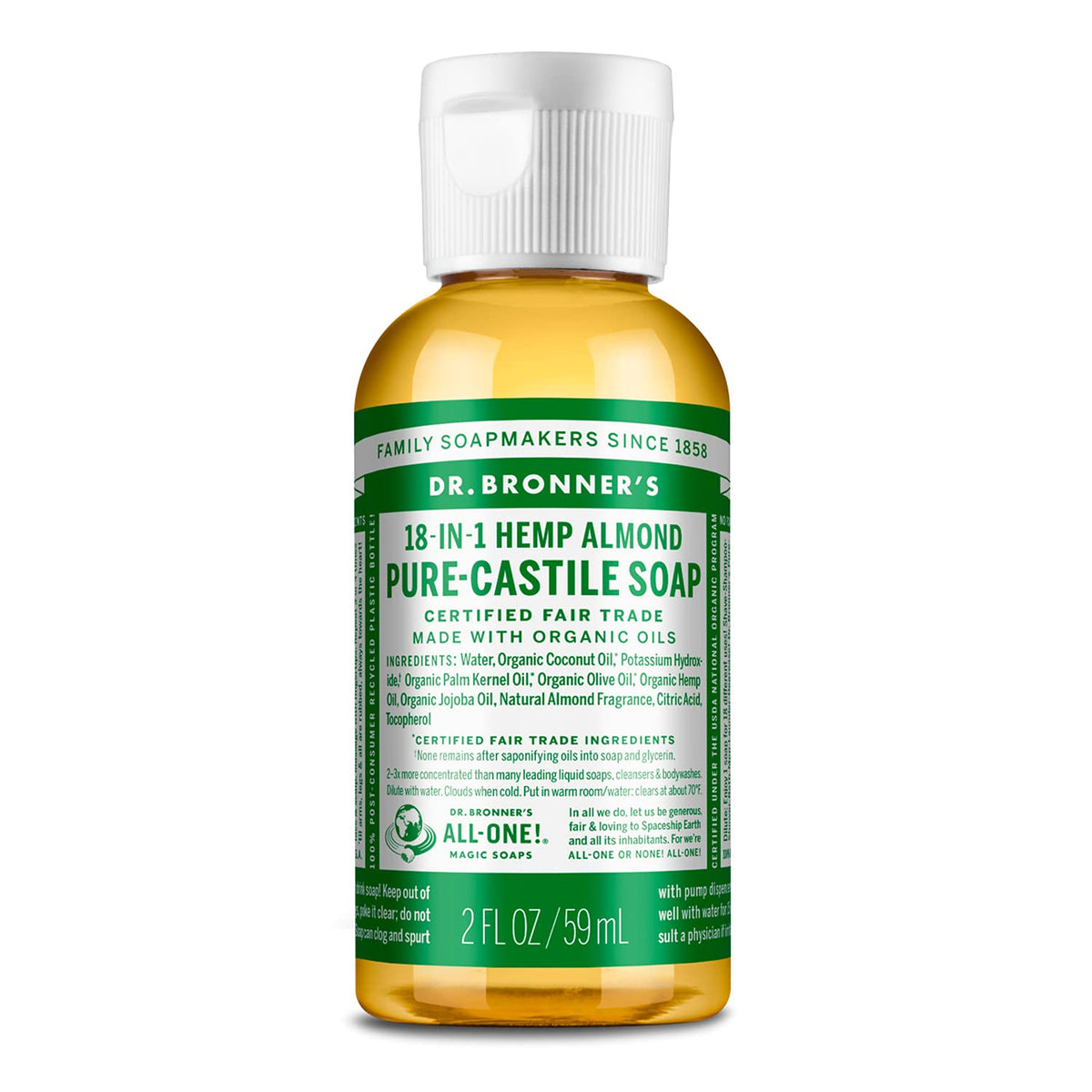 Dr. Bronner's Pure-Castile Amande – bouteille voyage 60 ml pour visage et corps.