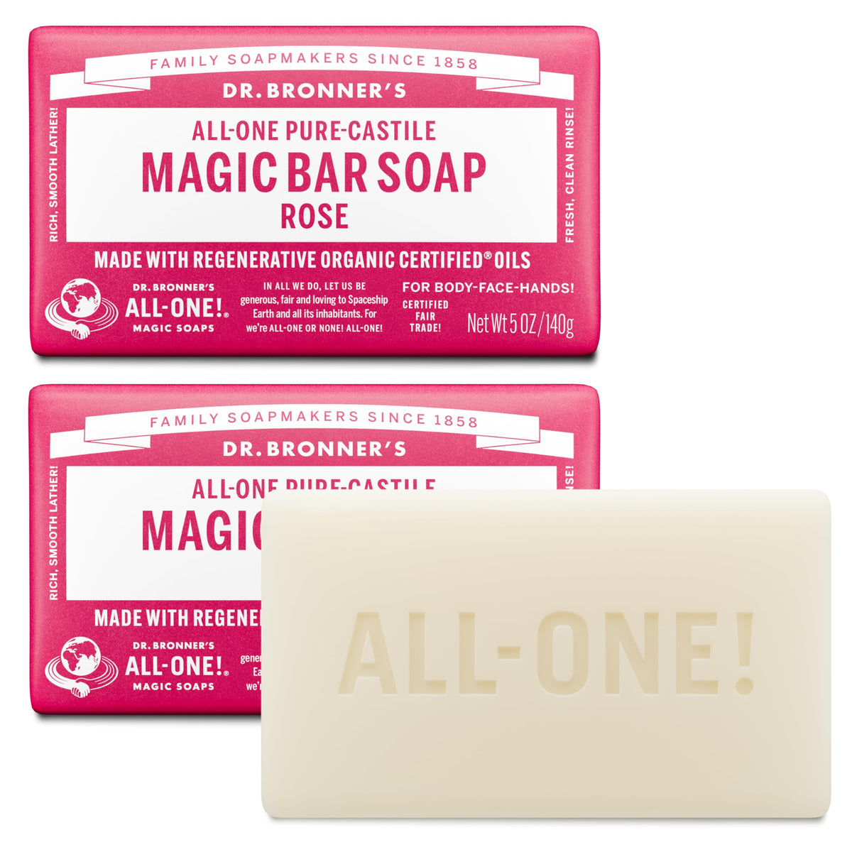 Dr. Bronner’s Rose Barre pur-castile pour visage et corps, mousse riche.