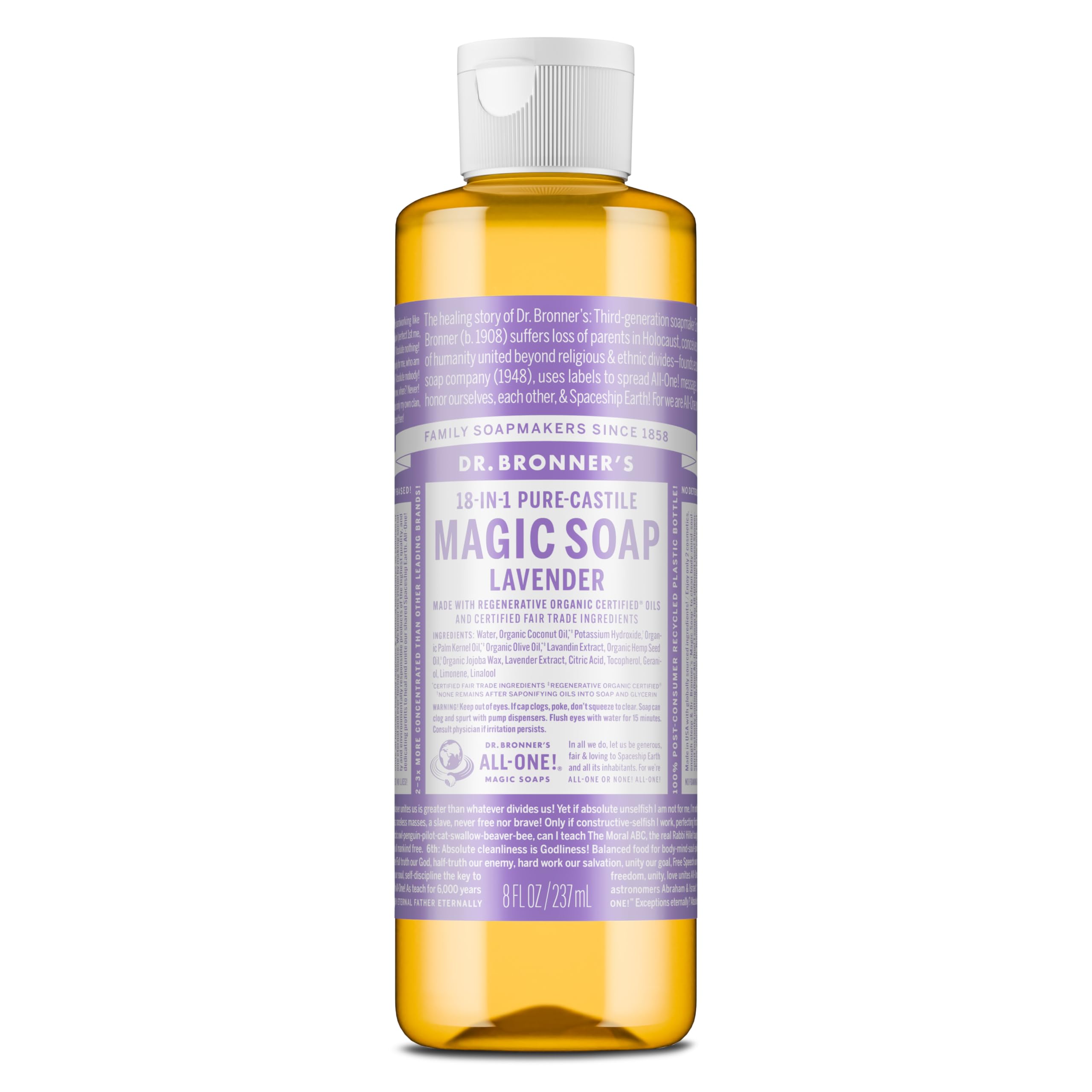 Dr. Bronner’s Savon Lavande en bouteille 8 oz, usage polyvalent.