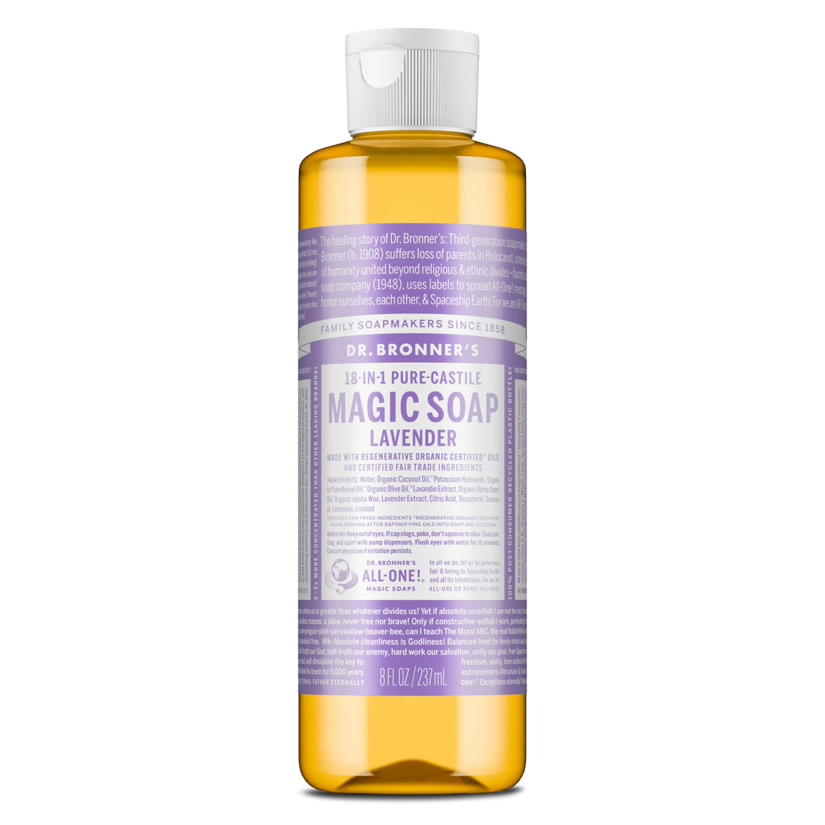 Dr. Bronner’s Savon Lavande en bouteille 8 oz, usage polyvalent.