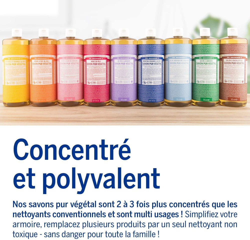 Dr Bronner's Savon liquide bébé sans parfum, formule biodégradable et respectueuse de l'environnement.