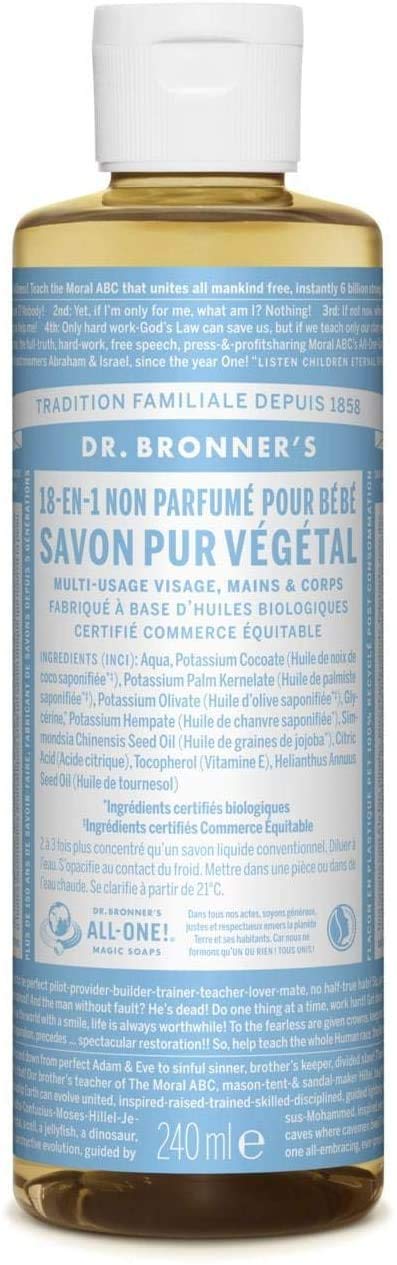 Dr Bronner's Savon liquide bébé sans parfum, bouteille 473 ml, usage polyvalent.