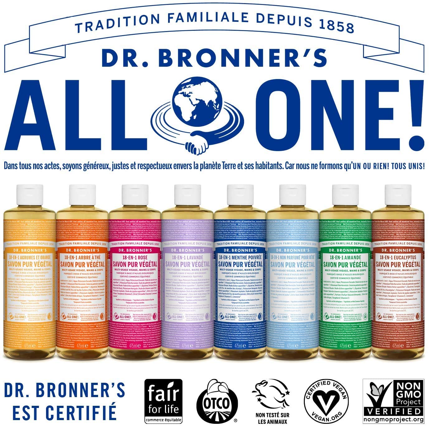 Dr Bronner's Savon liquide bébé sans parfum, emballage écologique et recyclable.