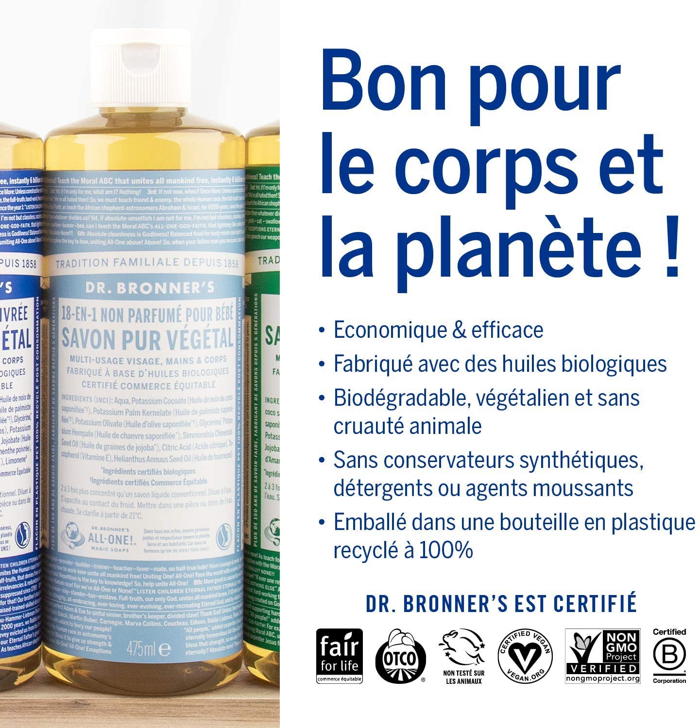 Dr Bronner's Savon liquide bébé sans parfum – usage multifonction corps, visage et cheveux.