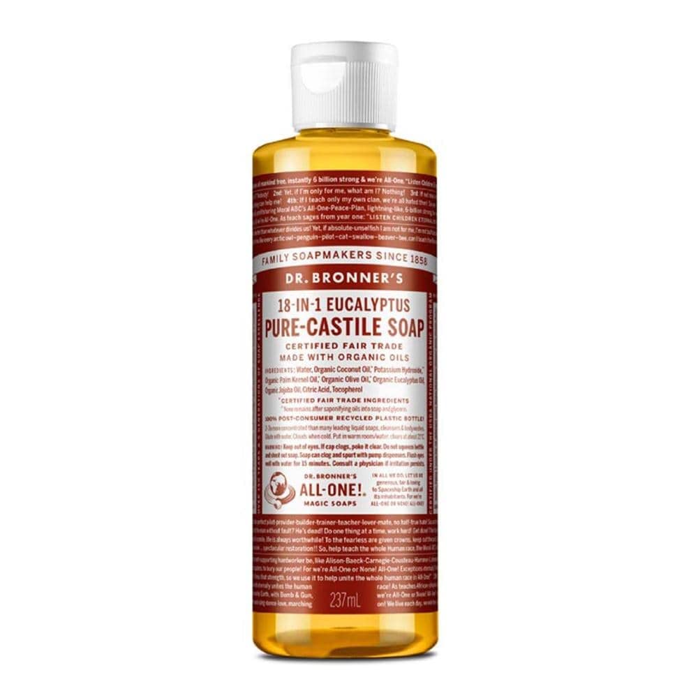 Dr. Bronner's Savon Castile Eucalyptus – bouteille visible, visage et corps en douceur