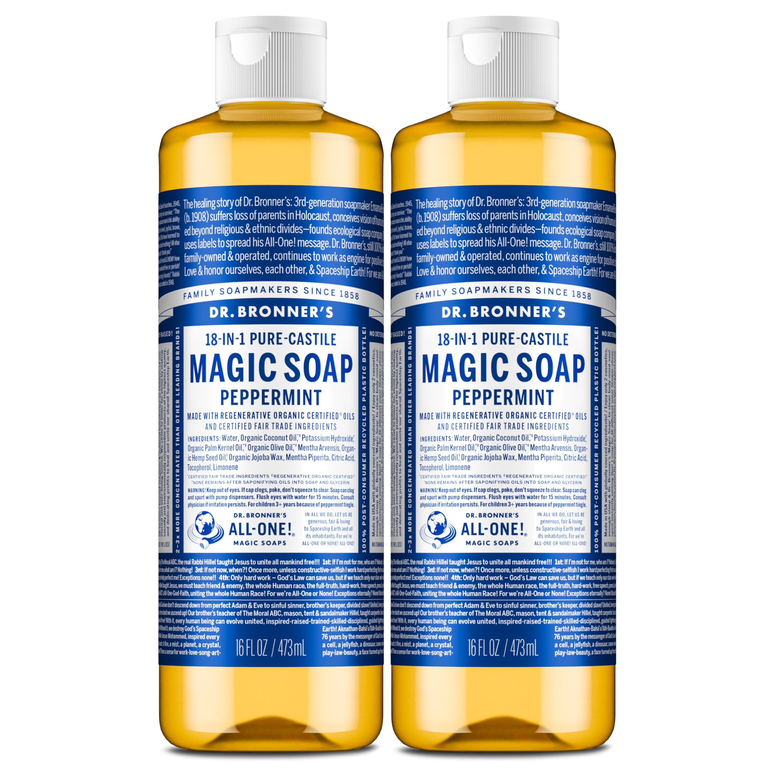 Dr. Bronner’s Savon Menthe, deux bouteilles, pratique et polyvalent.