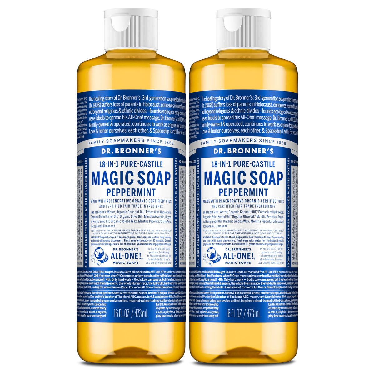 Dr. Bronner’s Savon Menthe, deux bouteilles, pratique et polyvalent.