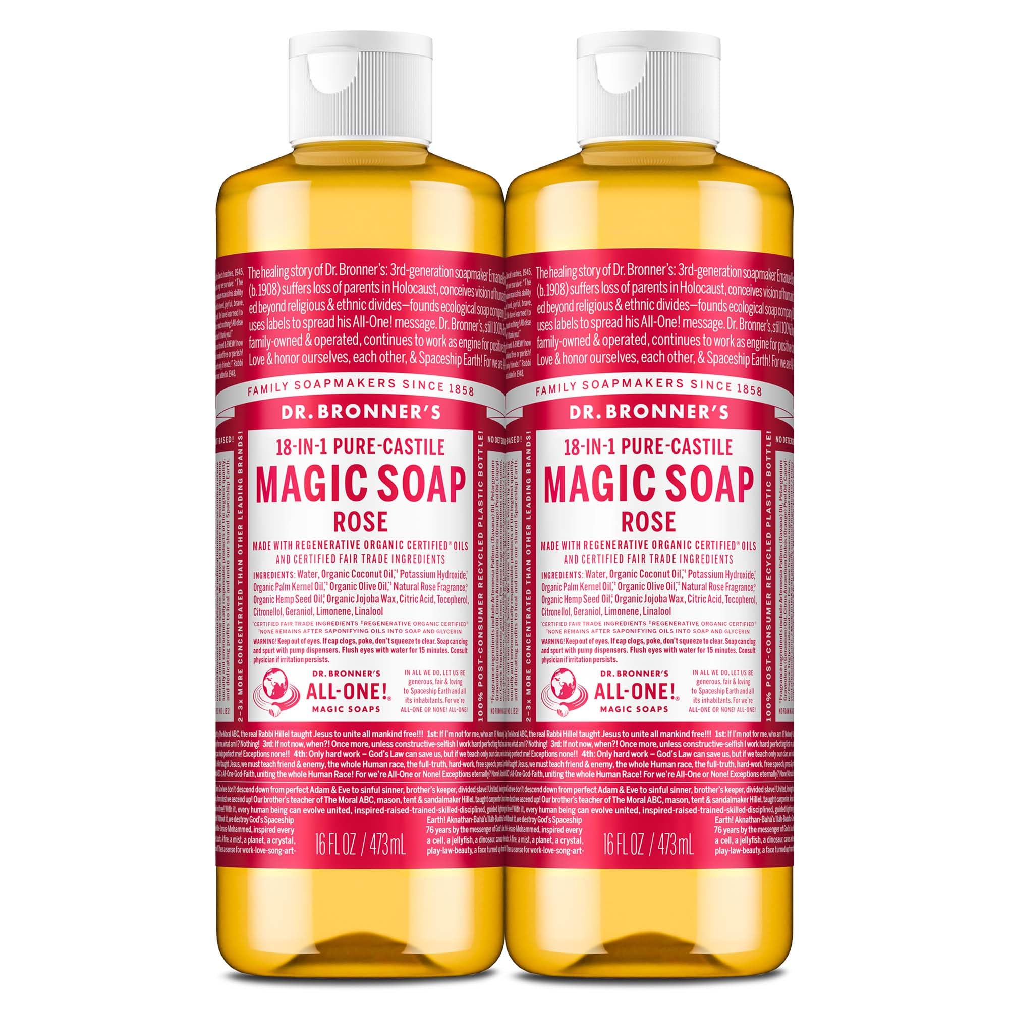 Dr. Bronner’s Savon Pur‑Castile Rose, bouteille 2-pack, usage polyvalent.