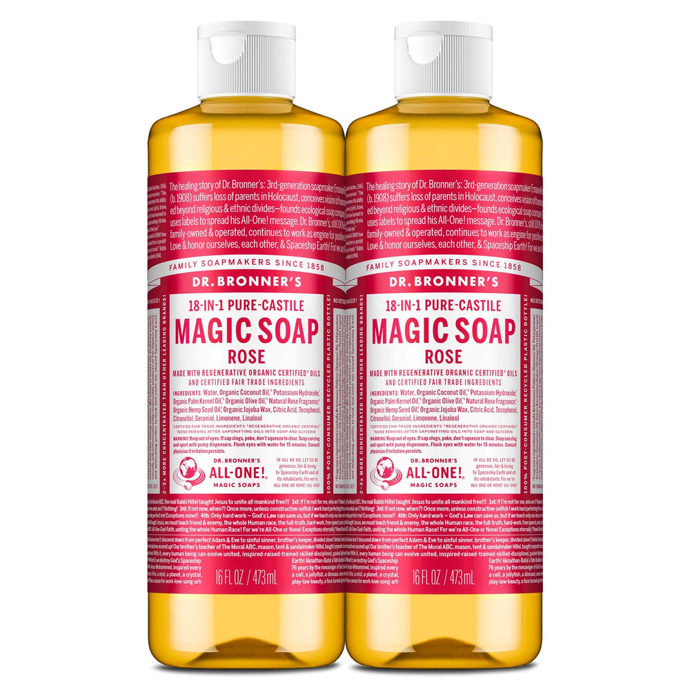 Dr. Bronner’s Savon Pur‑Castile Rose, bouteille 2-pack, usage polyvalent.