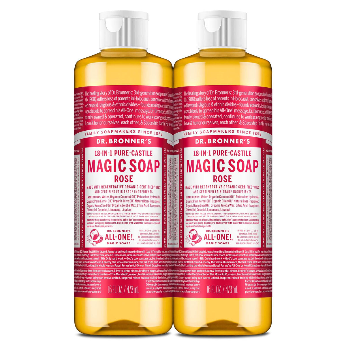 Dr. Bronner’s Savon Pur‑Castile Rose, bouteille 2-pack, usage polyvalent.