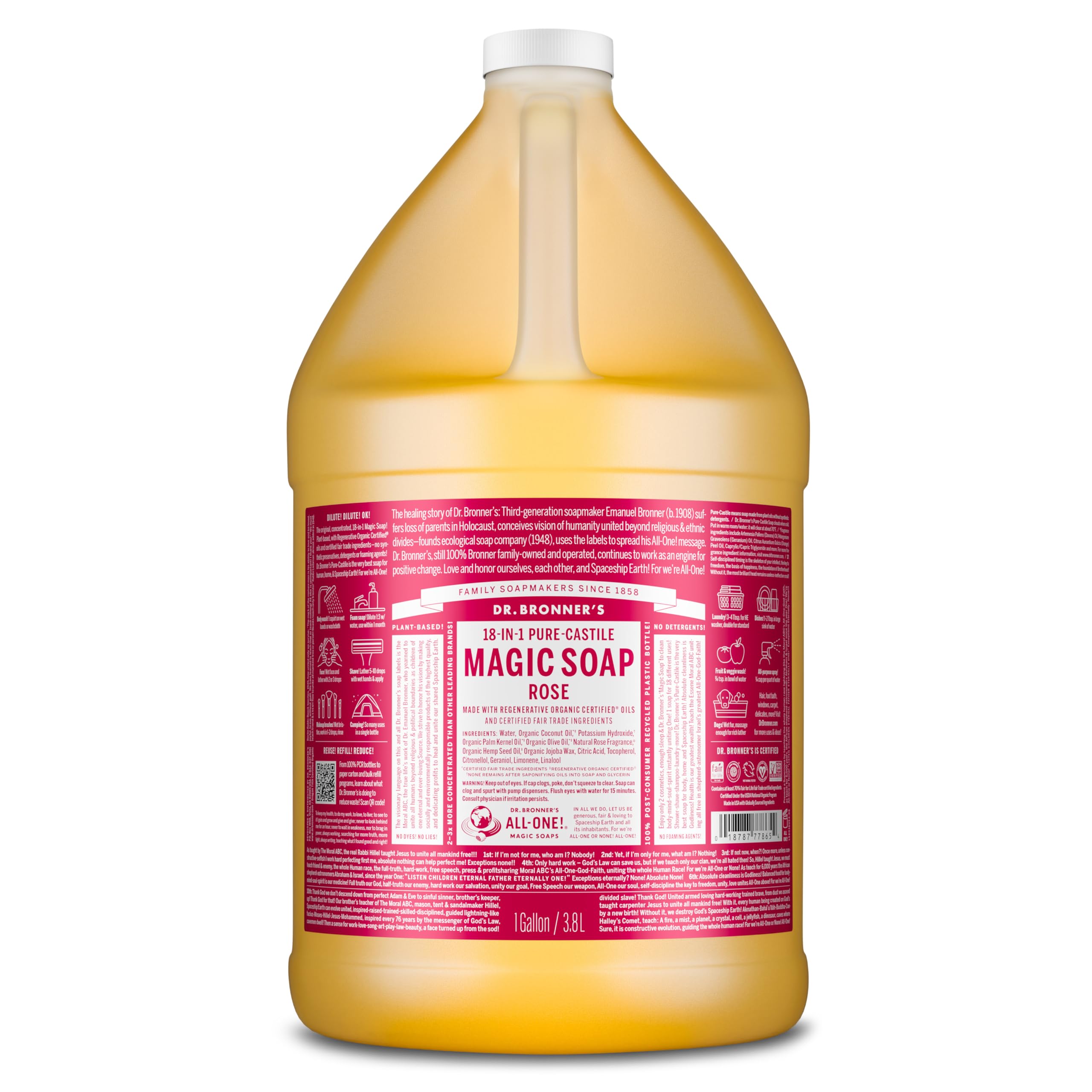 Savon pur-castile rose Dr. Bronner's en bouteille 1 galon, utilisation polyvalente.