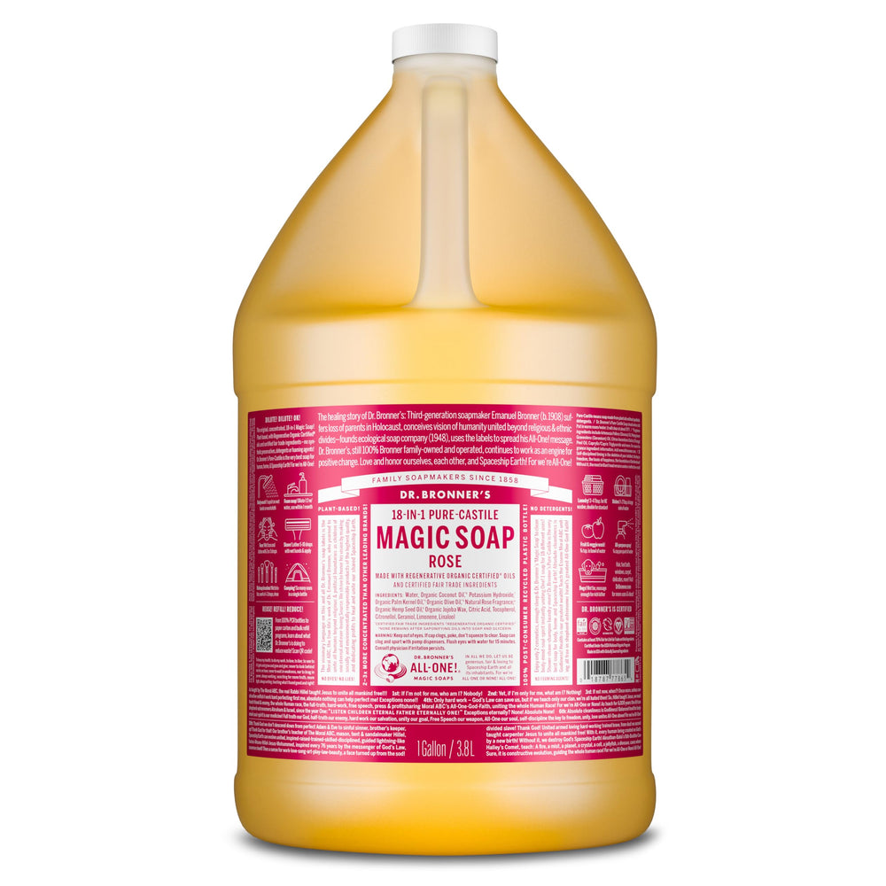 Savon pur-castile rose Dr. Bronner's en bouteille 1 galon, utilisation polyvalente.