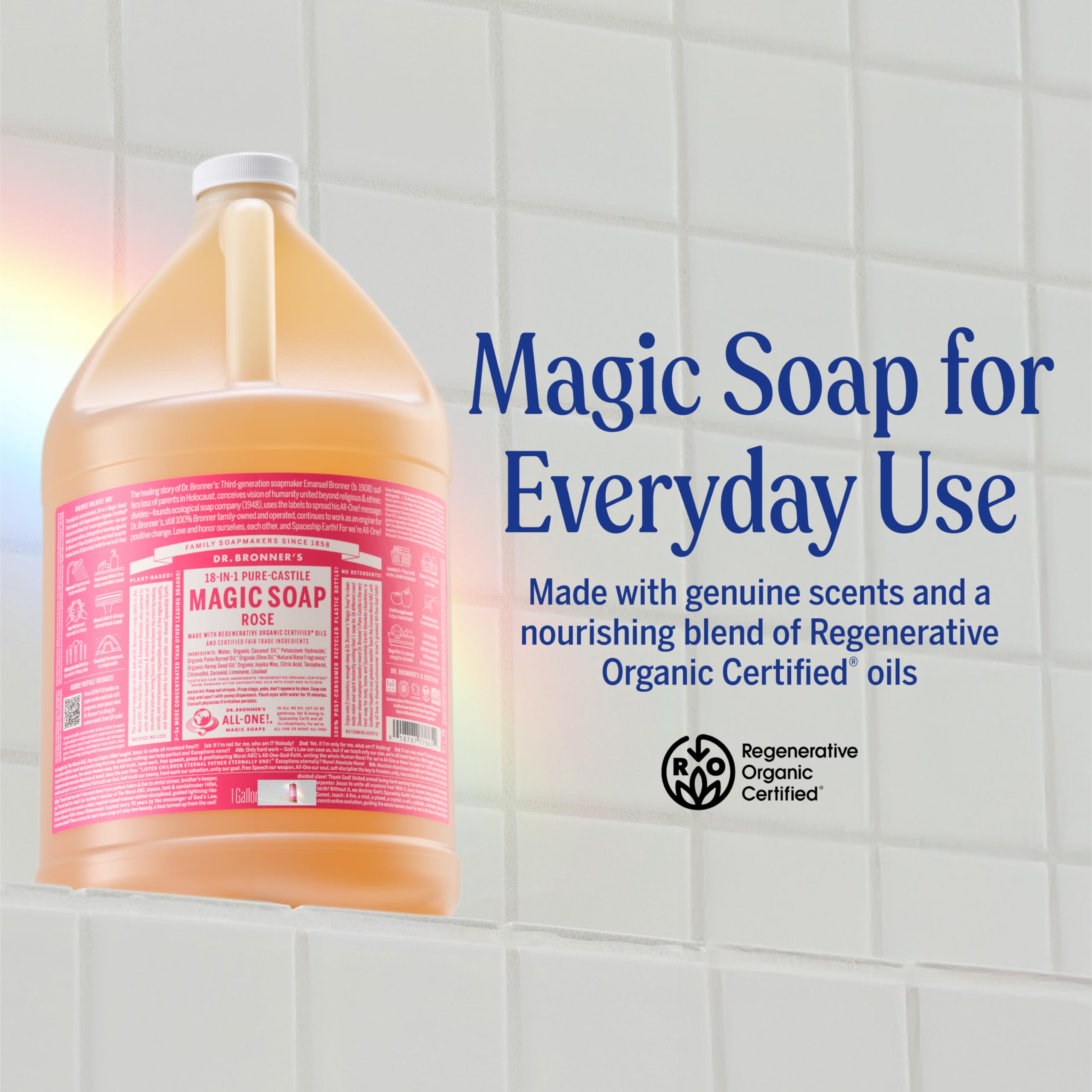 Étiquette bio et flacon concentré Dr. Bronner's Rose, prêt pour dilutions.
