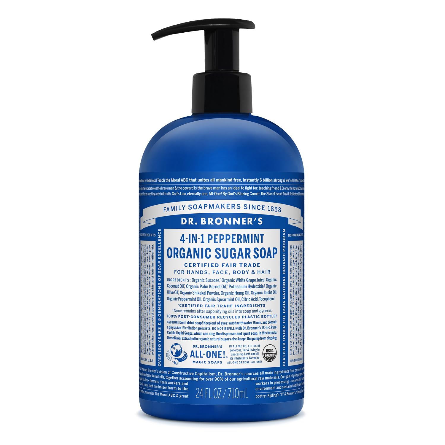 Dr. Bronner's Savon sucre bio menthe, bouteille 24oz, doux et rafraîchissant.