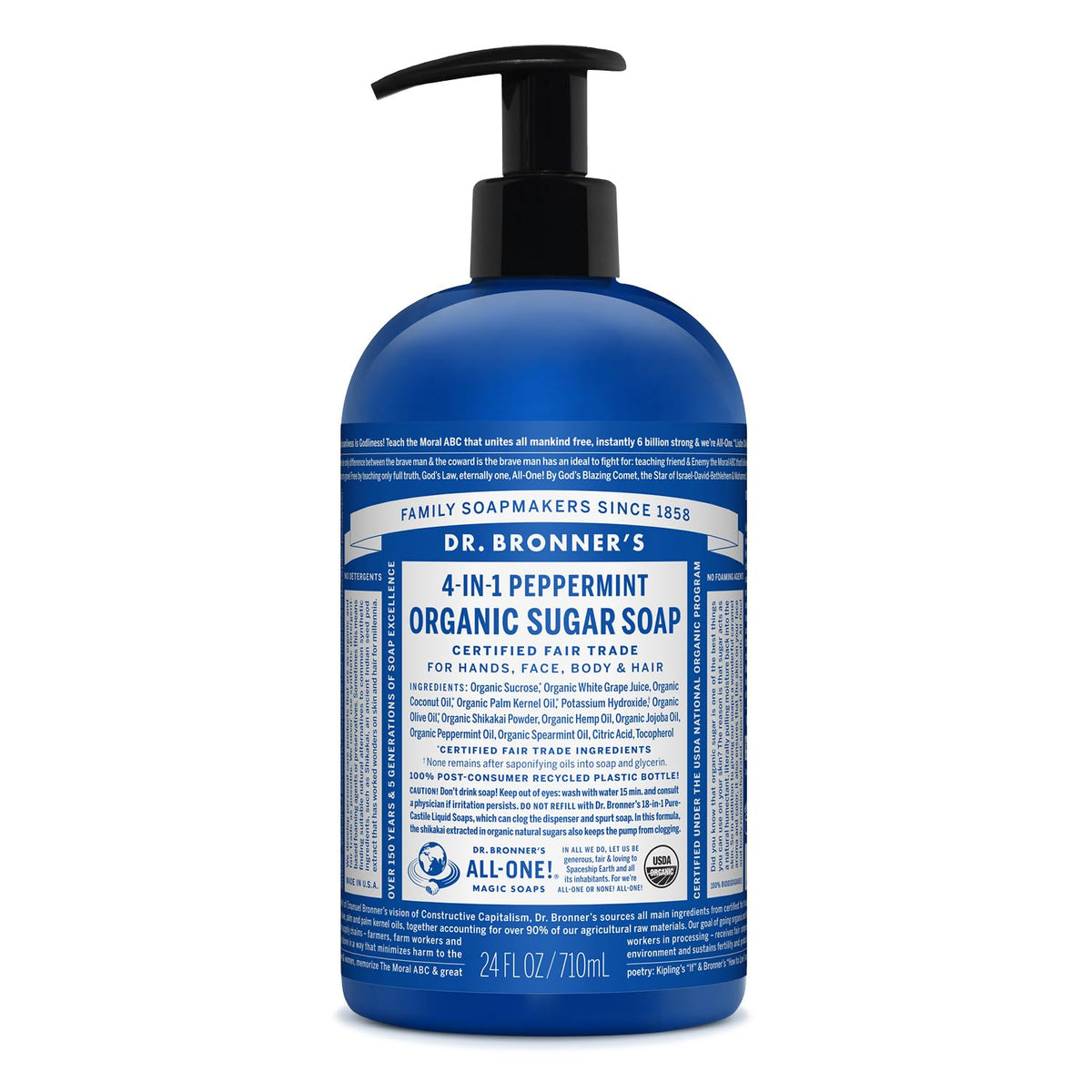 Dr. Bronner's Savon sucre bio menthe, bouteille 24oz, doux et rafraîchissant.