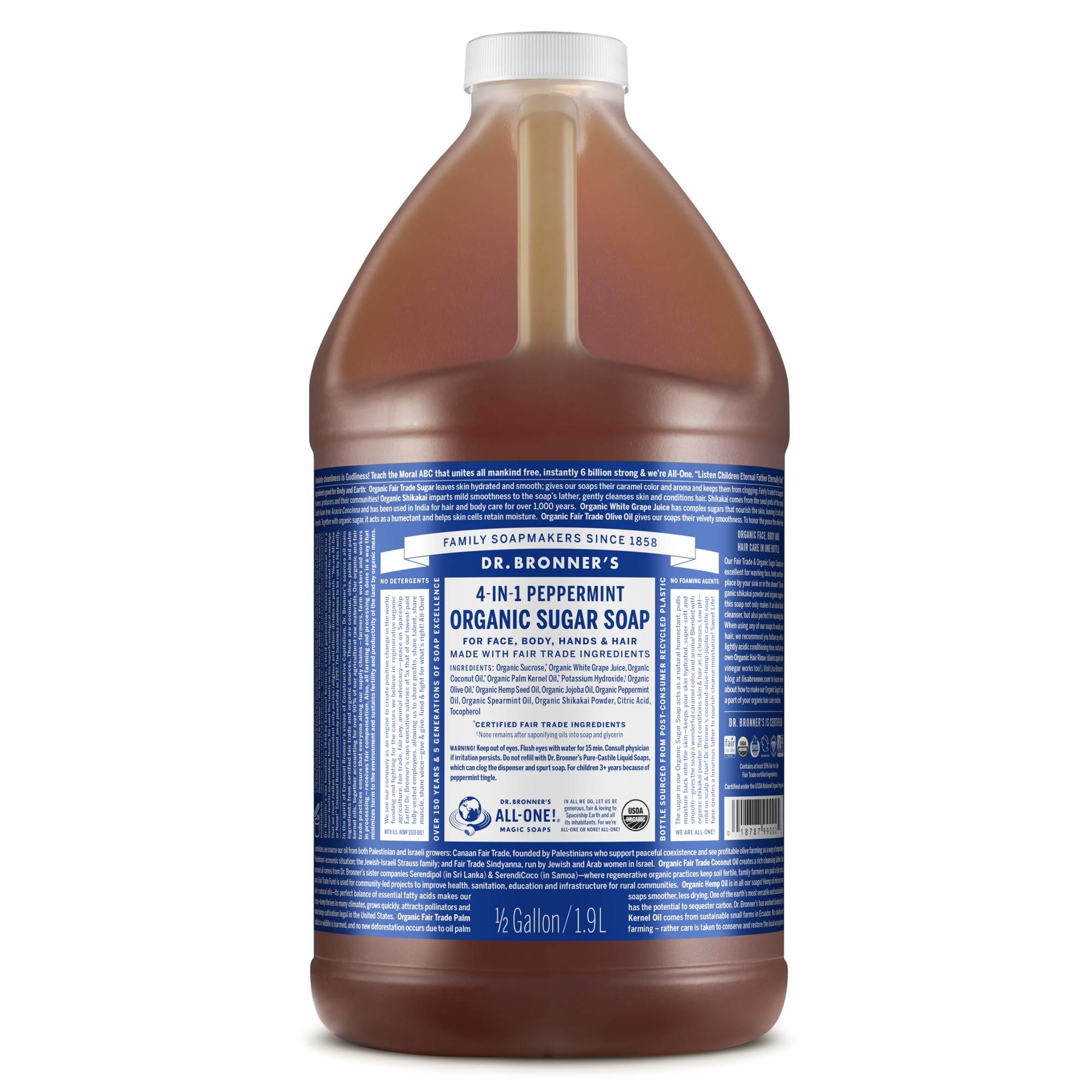 Dr. Bronner’s Savon au sucre biologique menthe — bouteille pratique pour la douche.