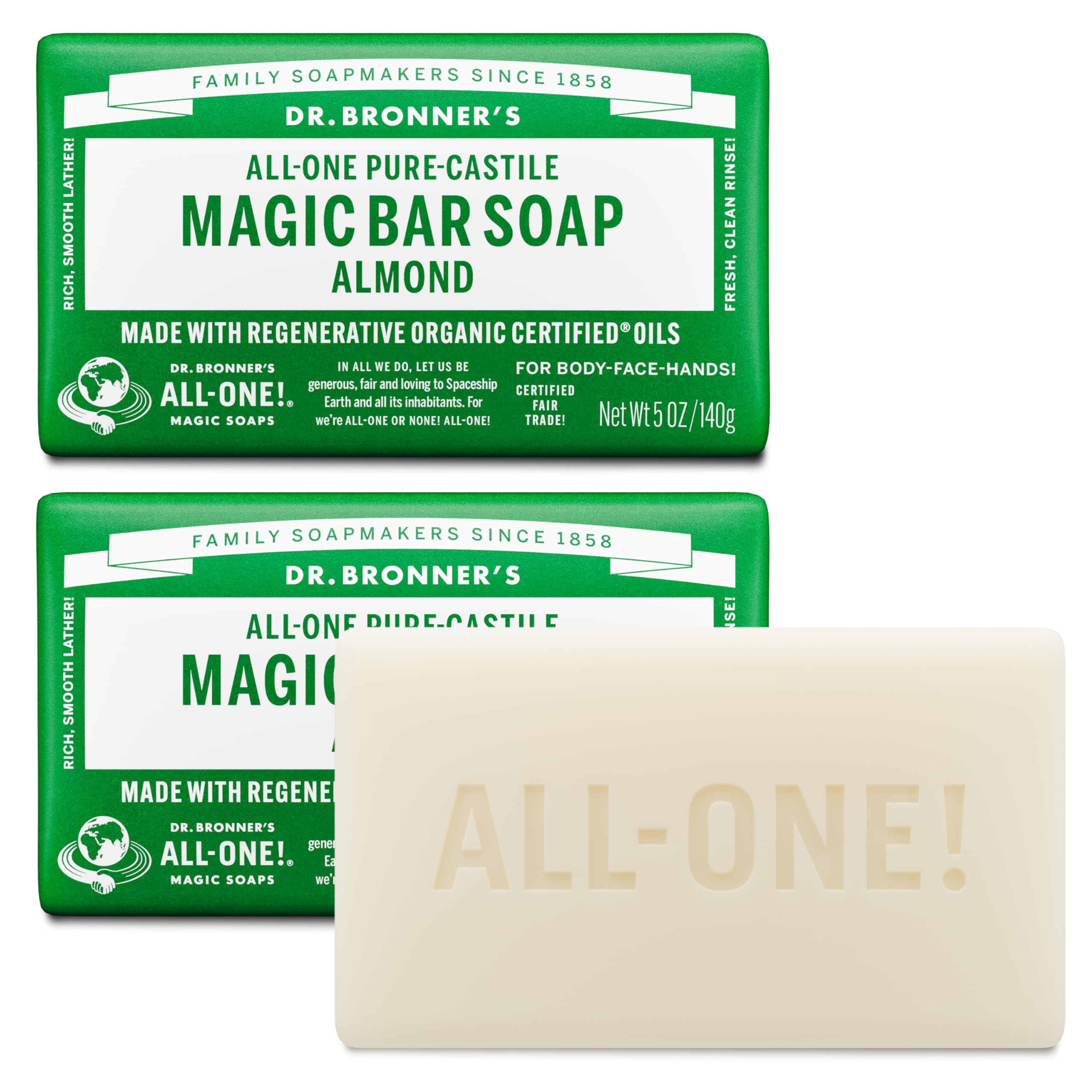 Dr. Bronner’s Savon en barre Amande, mousse généreuse pour visage et corps.