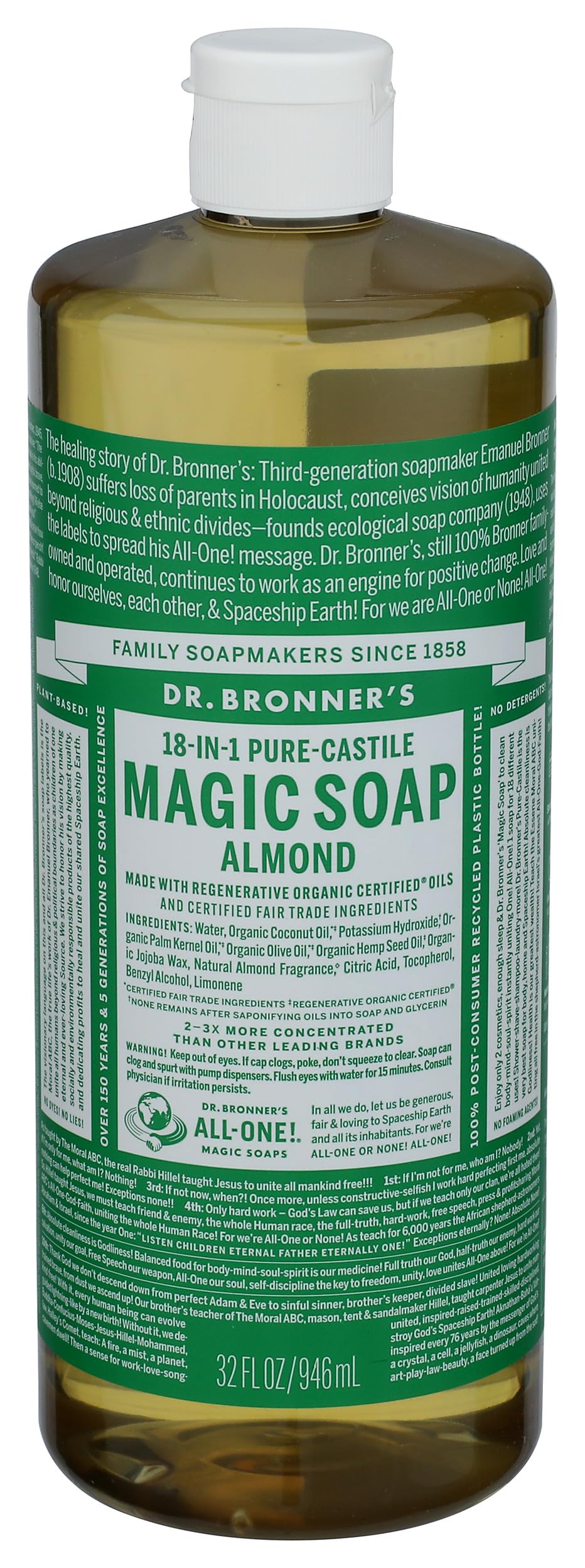 Dr. Bronner's Almond Castile Soap bottle for multi purpose cleaning and body wash