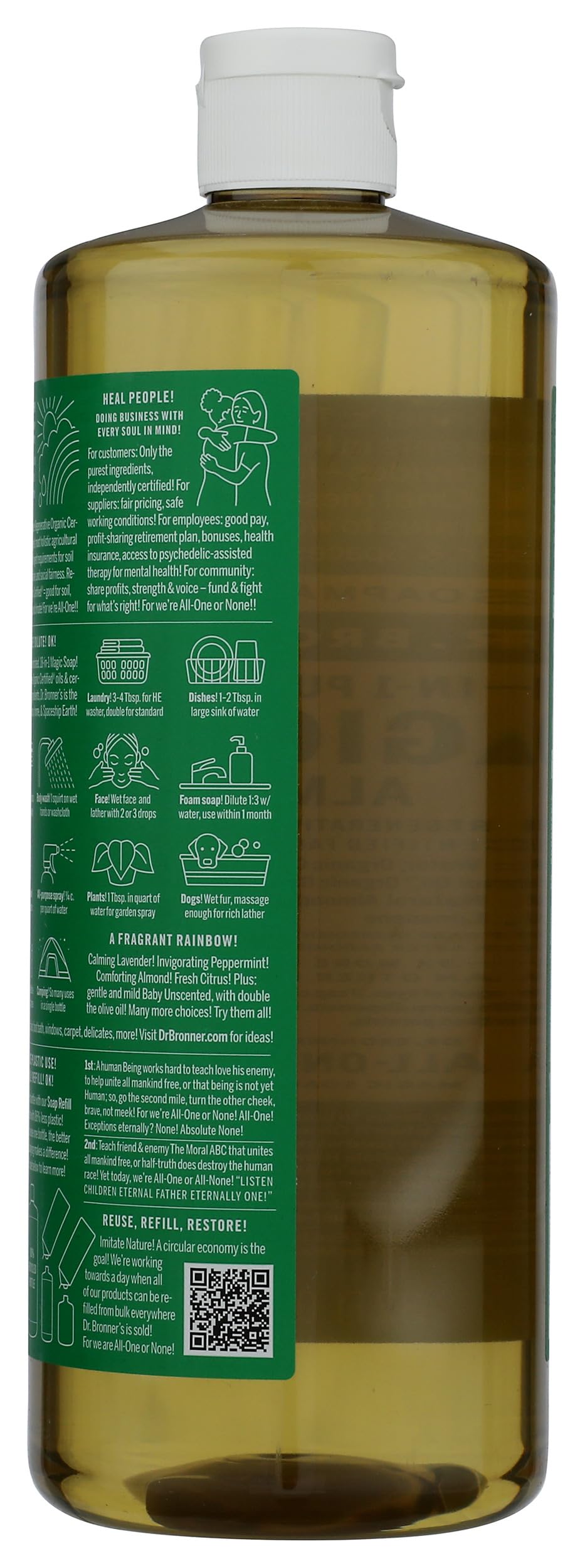 Dr. Bronner's Almond Castile Soap ingredients card—organic, fair trade, cruelty-free