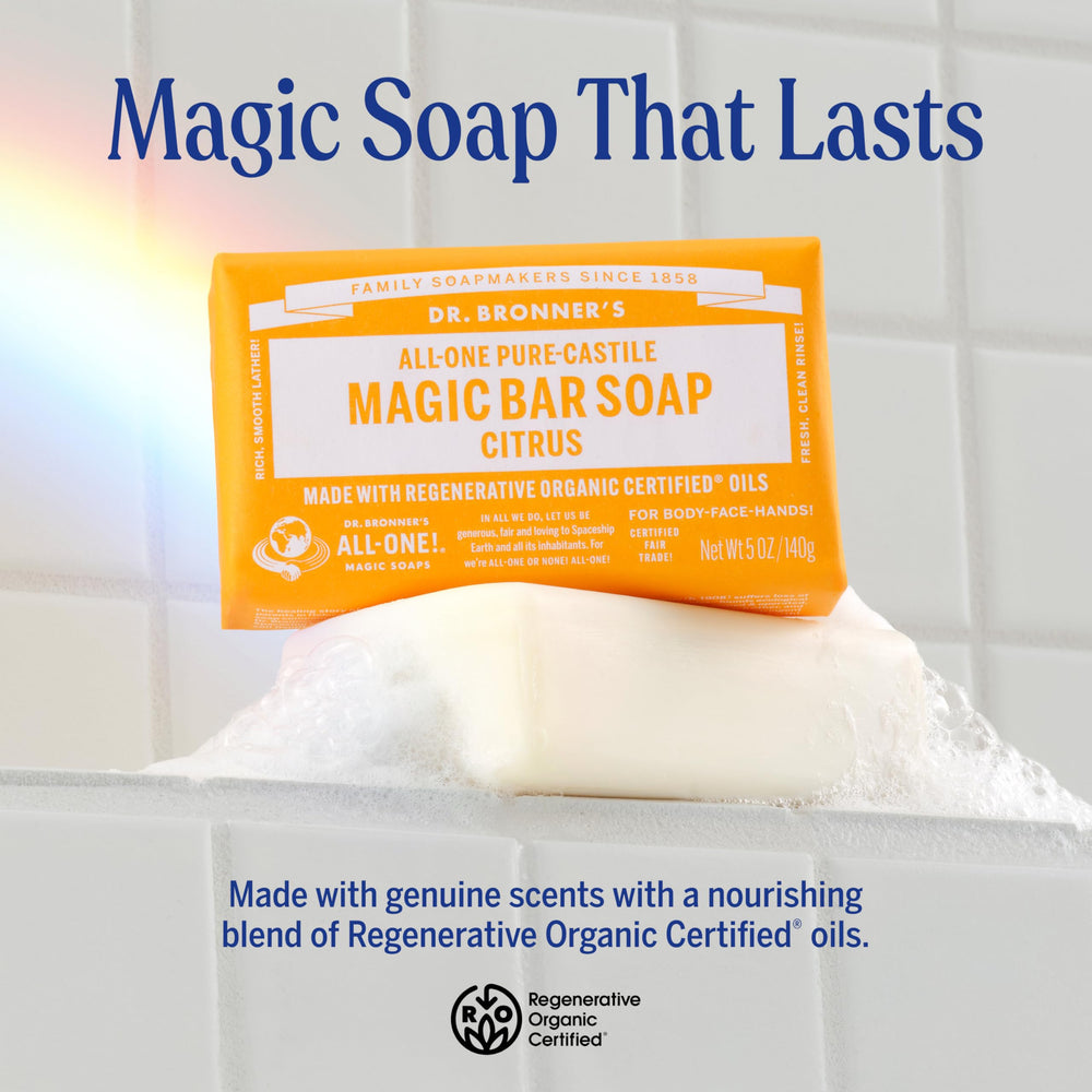 Barre citrus Dr. Bronner’s pour utilisation multi-soin corps visage cheveux.