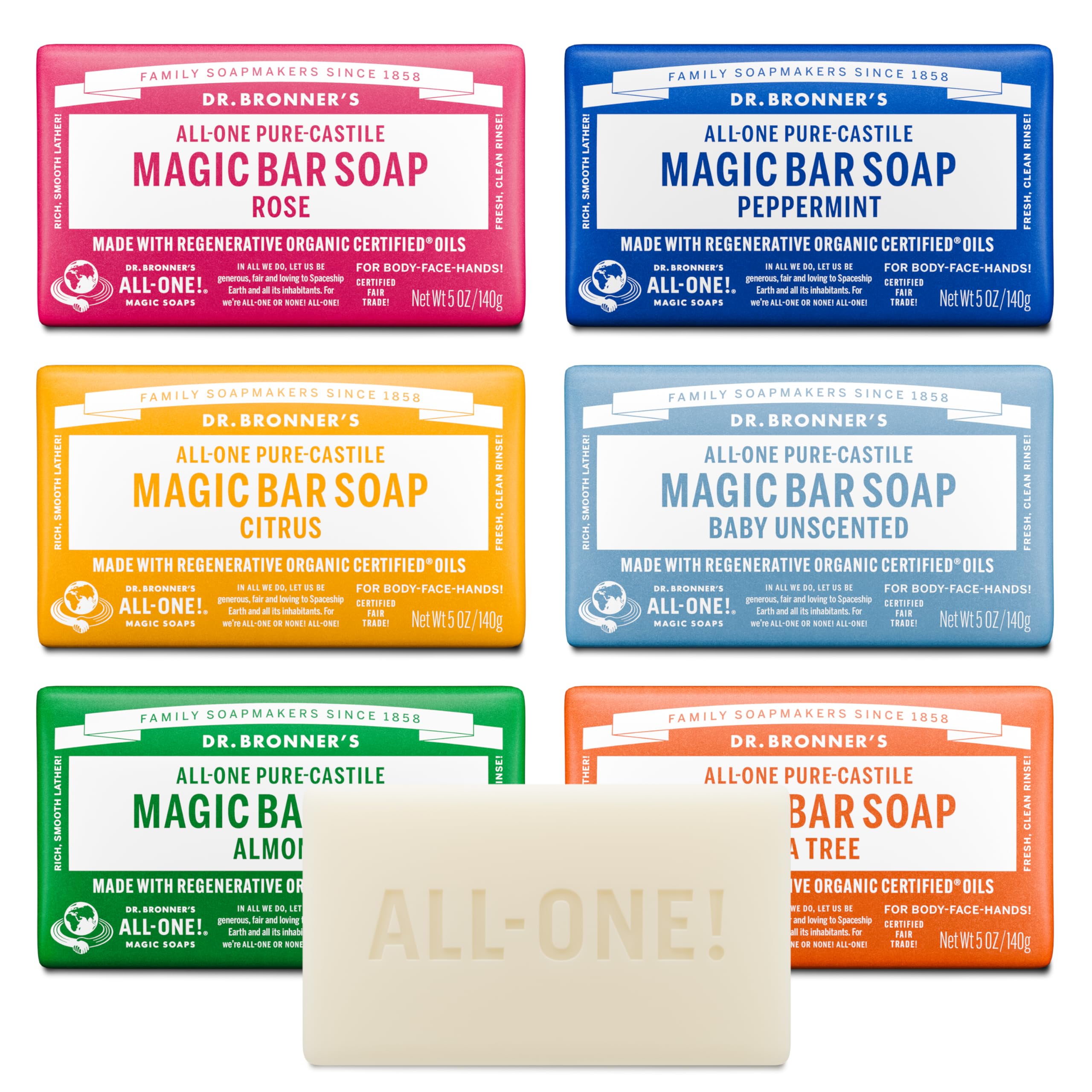 Dr. Bronner’s barre savon amande, mousse riche et soin quotidien.