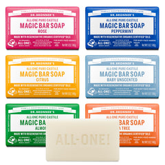 Dr. Bronner’s barre savon amande, mousse riche et soin quotidien.