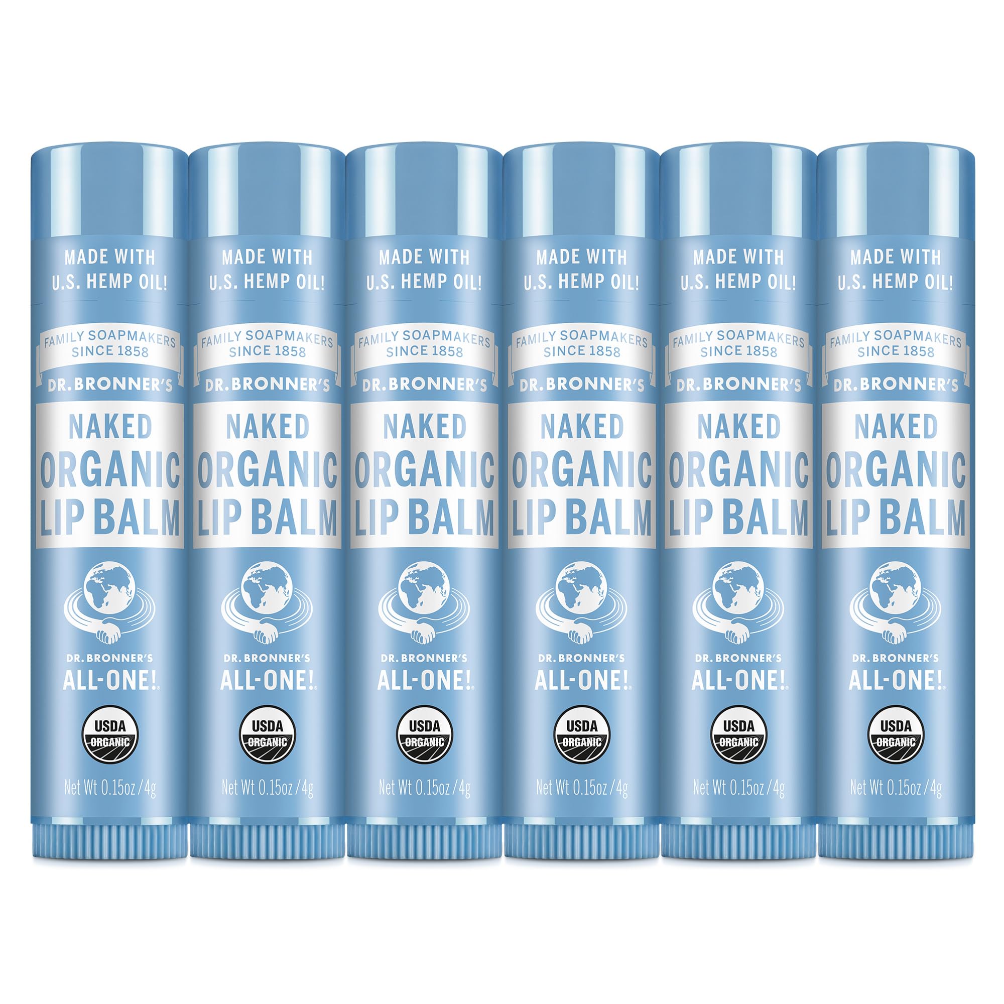 Dr. Bronner’s Baume à lèvres 6-pack sans parfum, emballage pratique pour hydrater durablement.