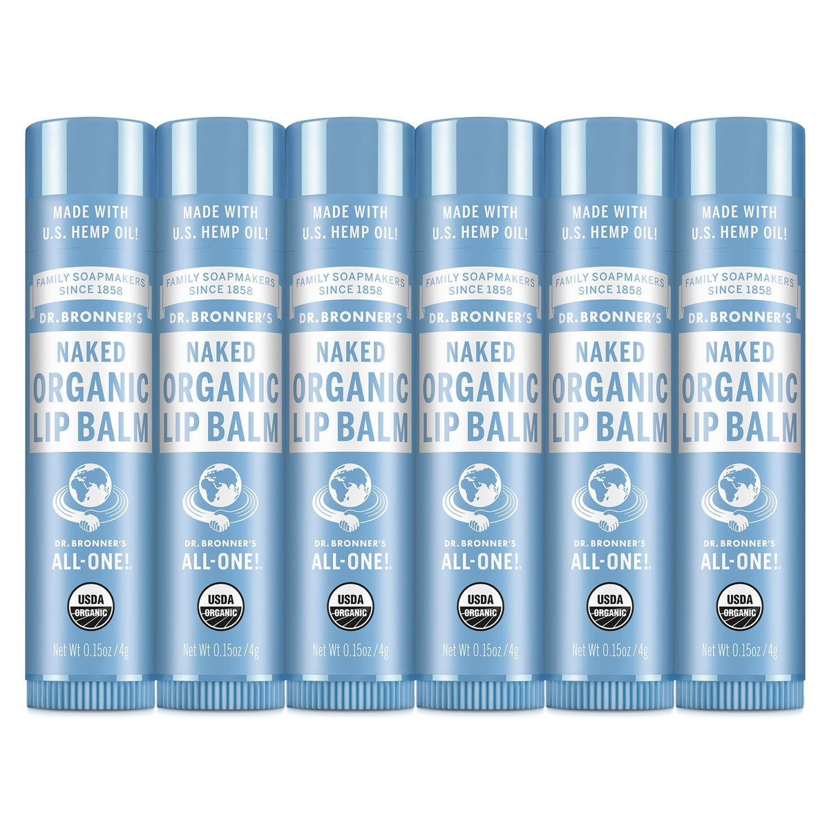 Dr. Bronner’s Baume à lèvres 6-pack sans parfum, emballage pratique pour hydrater durablement.