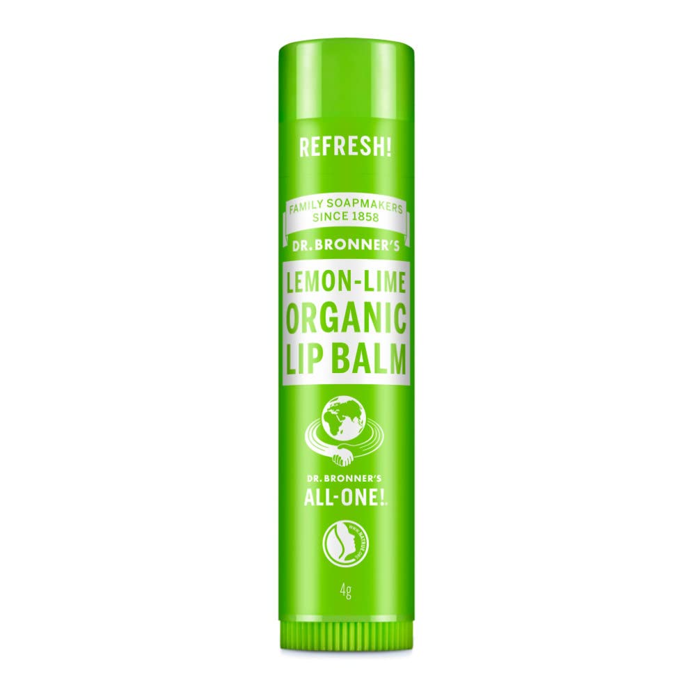 Baume lèvres Dr. Bronner's citron-lime dans la bouteille, hydratation durable.
