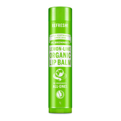 Baume lèvres Dr. Bronner's citron-lime dans la bouteille, hydratation durable.