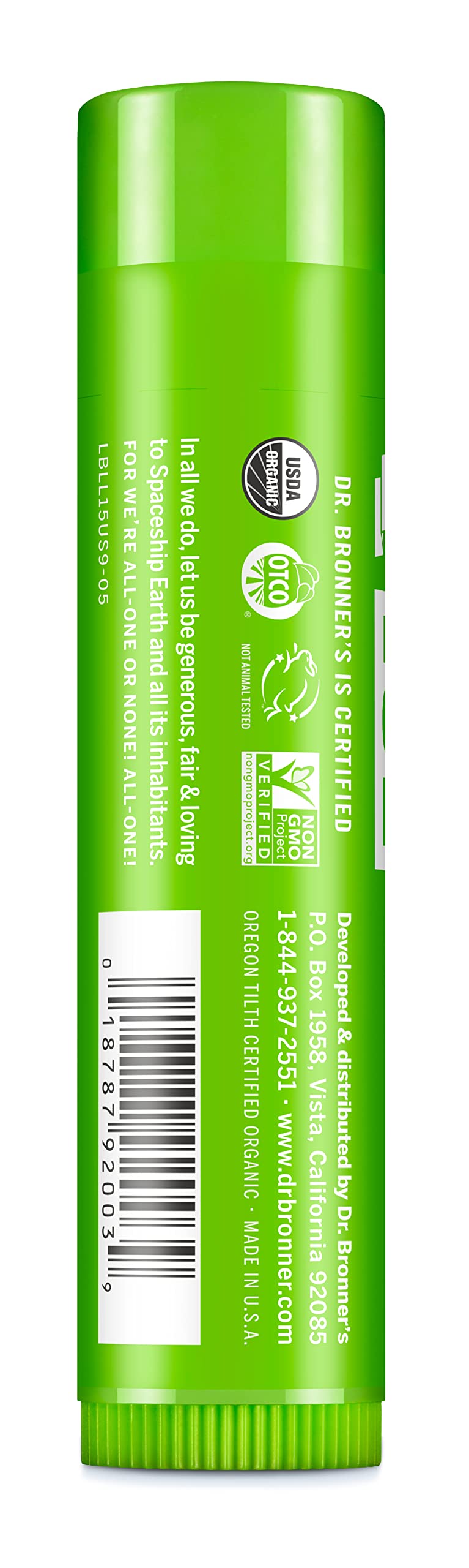 Baume lèvres Dr. Bronner's citron-lime emballage clair et pratique.