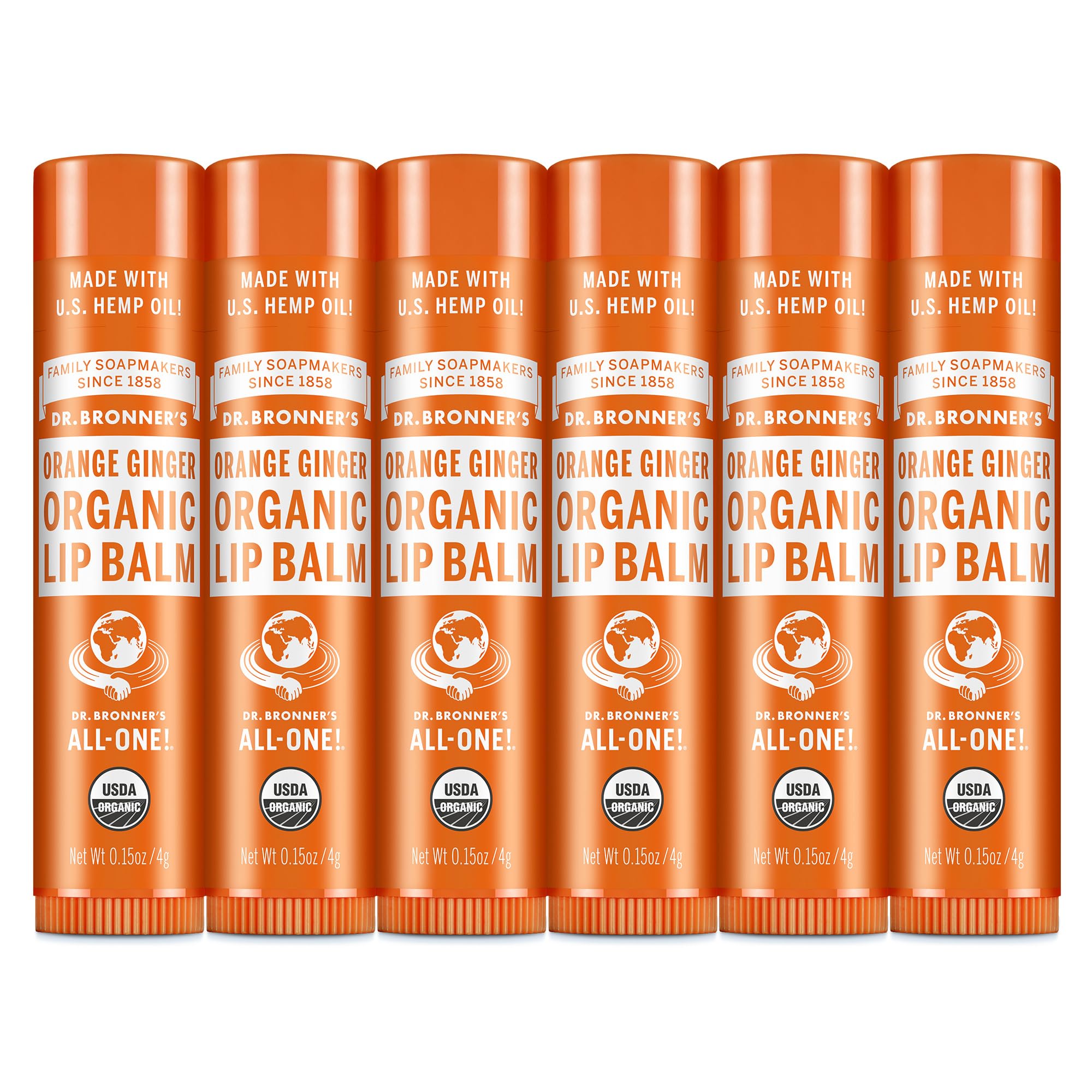 Baume à lèvres Dr. Bronner’s ensemble six tubes Orange Gingembre pour hydrater durablement