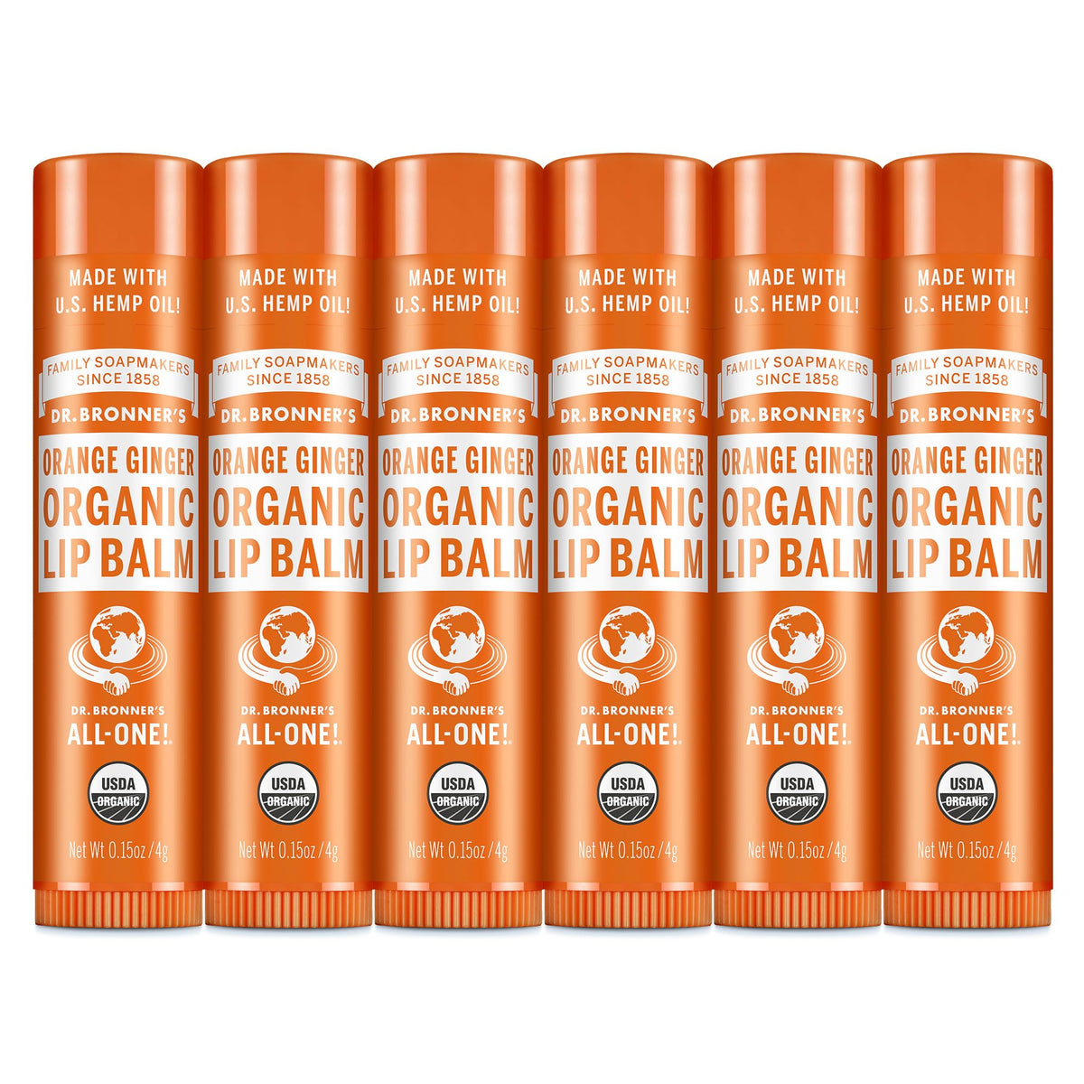 Baume à lèvres Dr. Bronner’s ensemble six tubes Orange Gingembre pour hydrater durablement