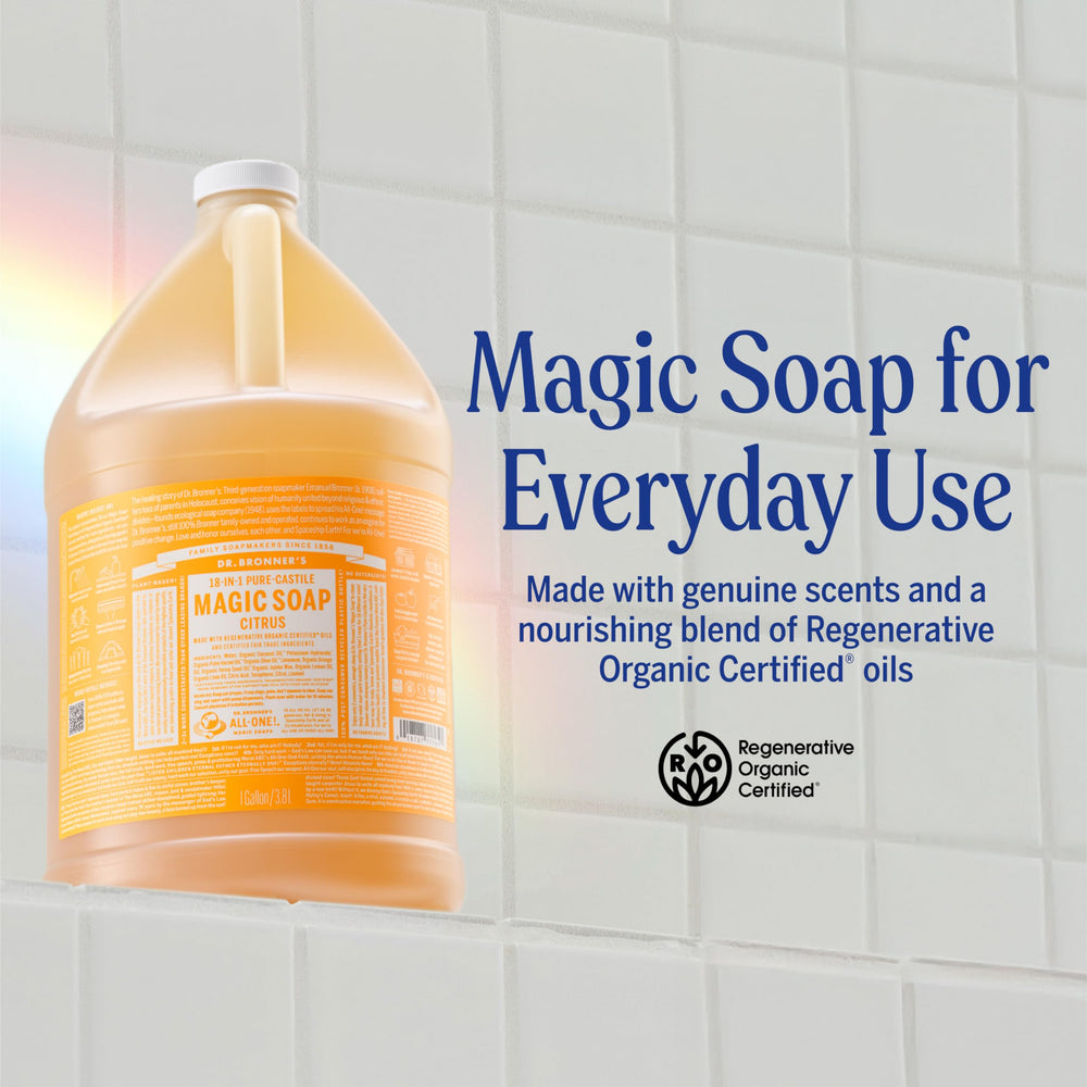 Bouteille Dr. Bronner's en plastique recyclé post-consommation pour un choix durable.