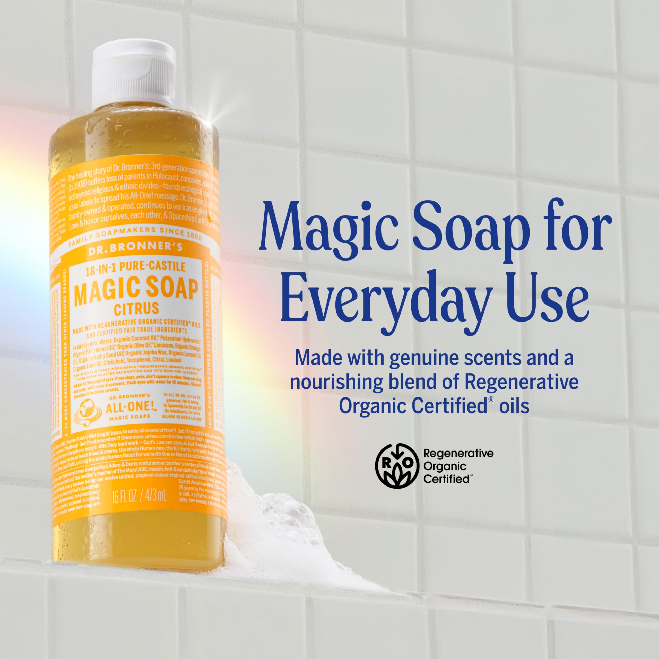 Dr. Bronner's, bouteilles-pcr citrus, réduction des déchets plastiques et choix écoresponsable.