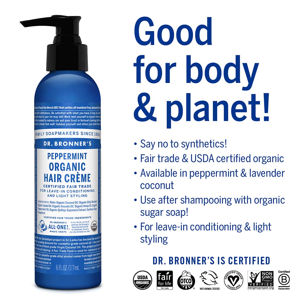 Dr. Bronner’s Crème Cheveux offre une brillance douce et cheveux soyeux.