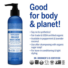 Dr. Bronner’s Crème Cheveux offre une brillance douce et cheveux soyeux.